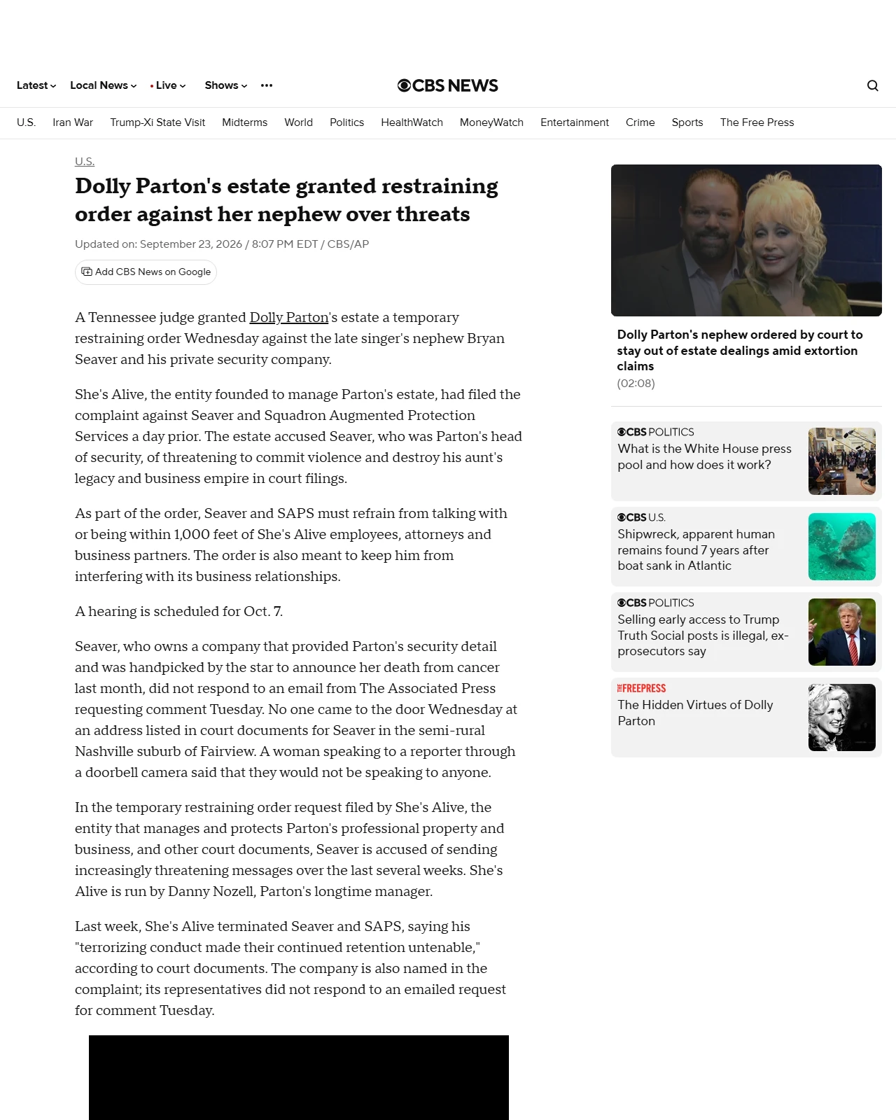 cbsnews.com as published: Dolly Parton's estate granted restraining order against her nephew