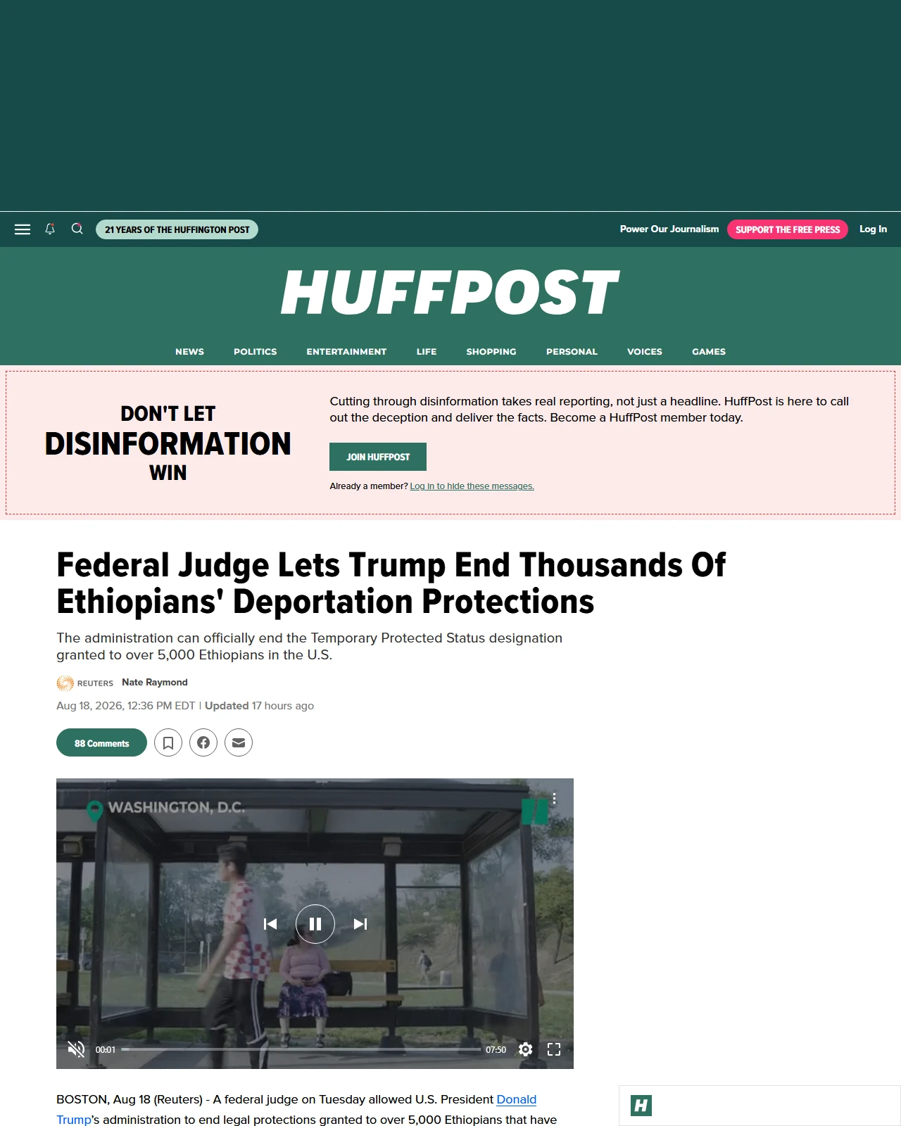 huffpost.com as published: Federal Judge Lets Trump End Thousands Of Ethiopians' Deportation Protections
