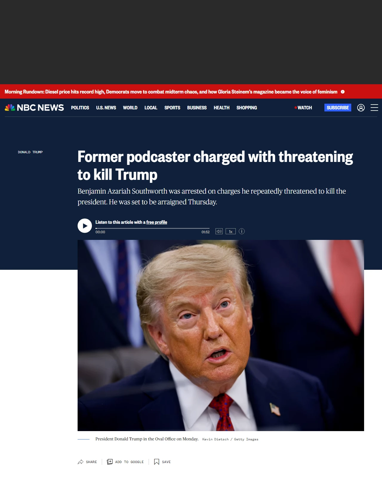 nbcnews.com as published: Former podcaster charged with threatening to kill Trump