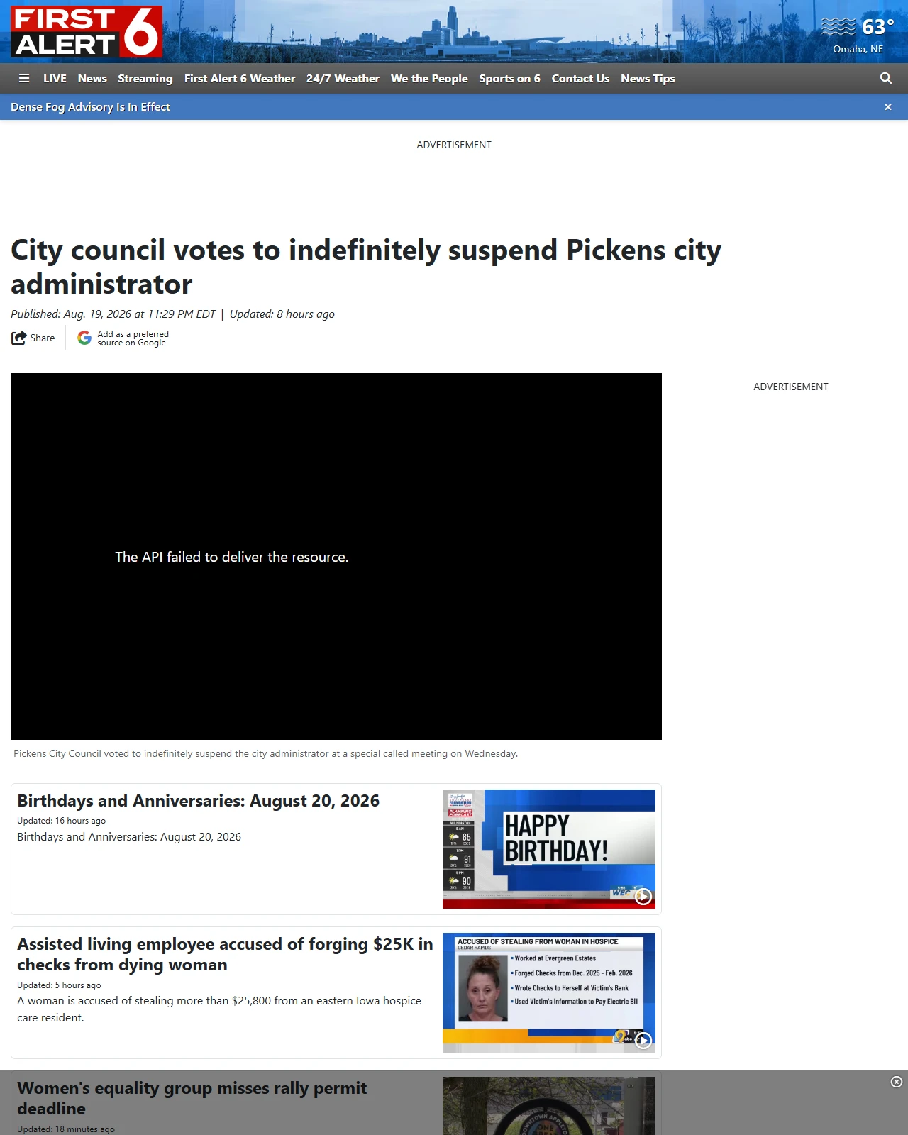 wowt.com as published: City council votes to indefinitely suspend Pickens city administrator