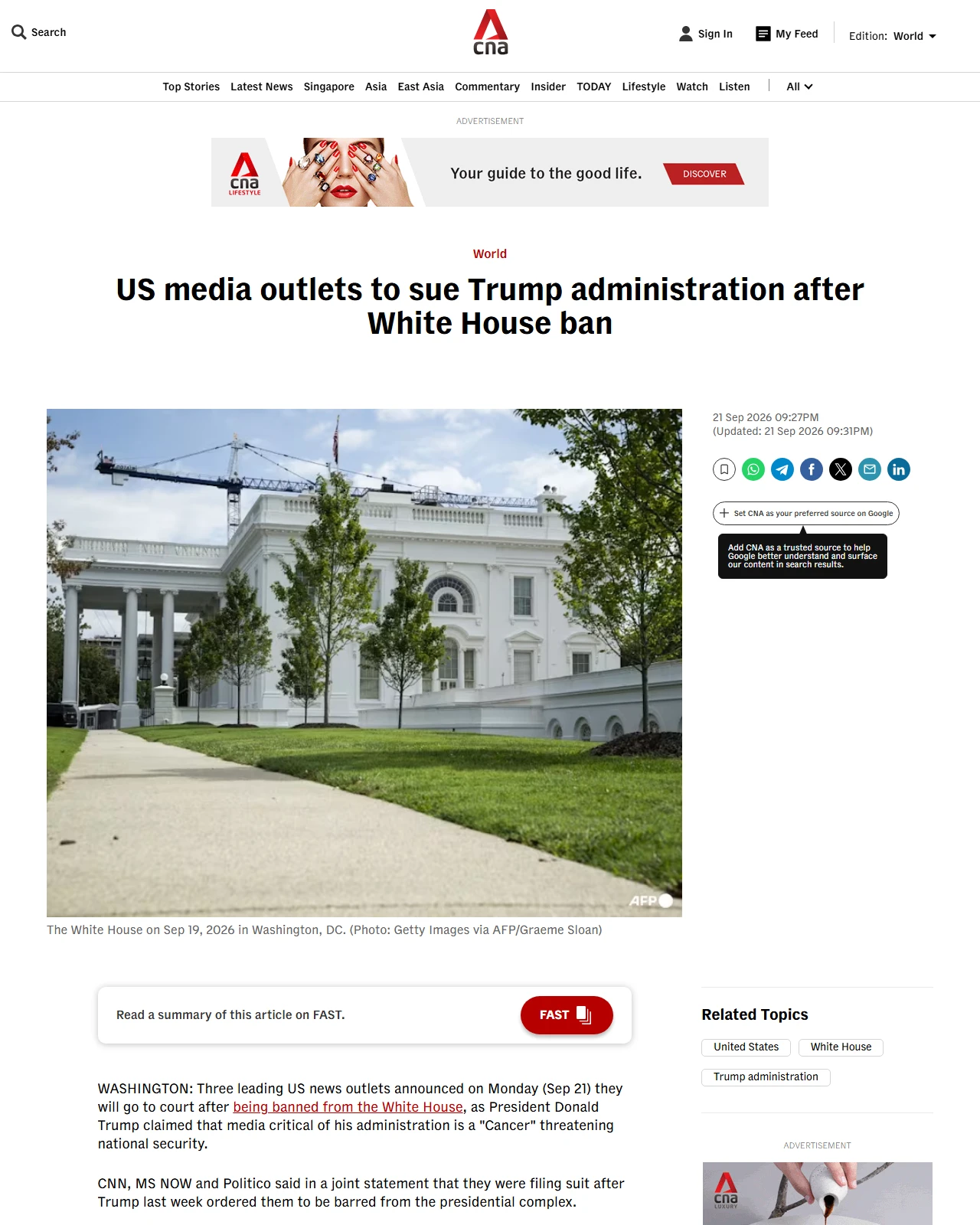 channelnewsasia.com as published: US media outlets to sue Trump administration after White House ban