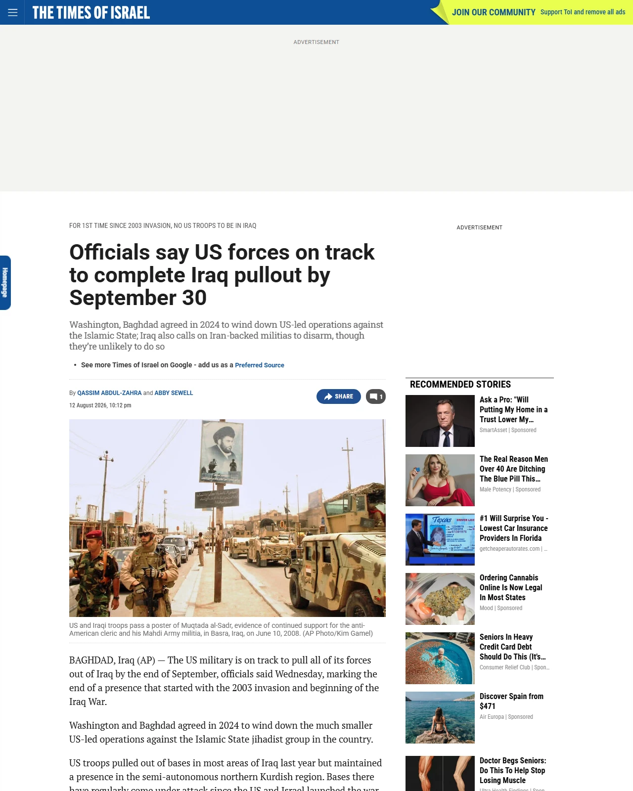 timesofisrael.com as published: Officials say US forces on track to complete Iraq pullout by September 30