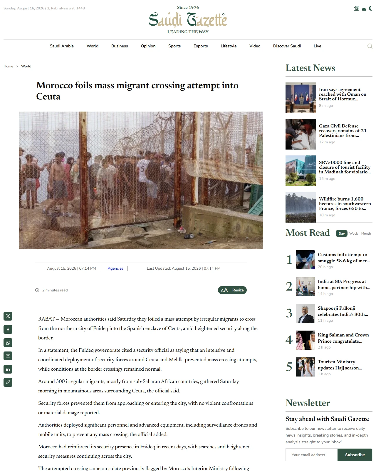 saudigazette.com.sa as published: Morocco foils mass migrant crossing attempt into Ceuta