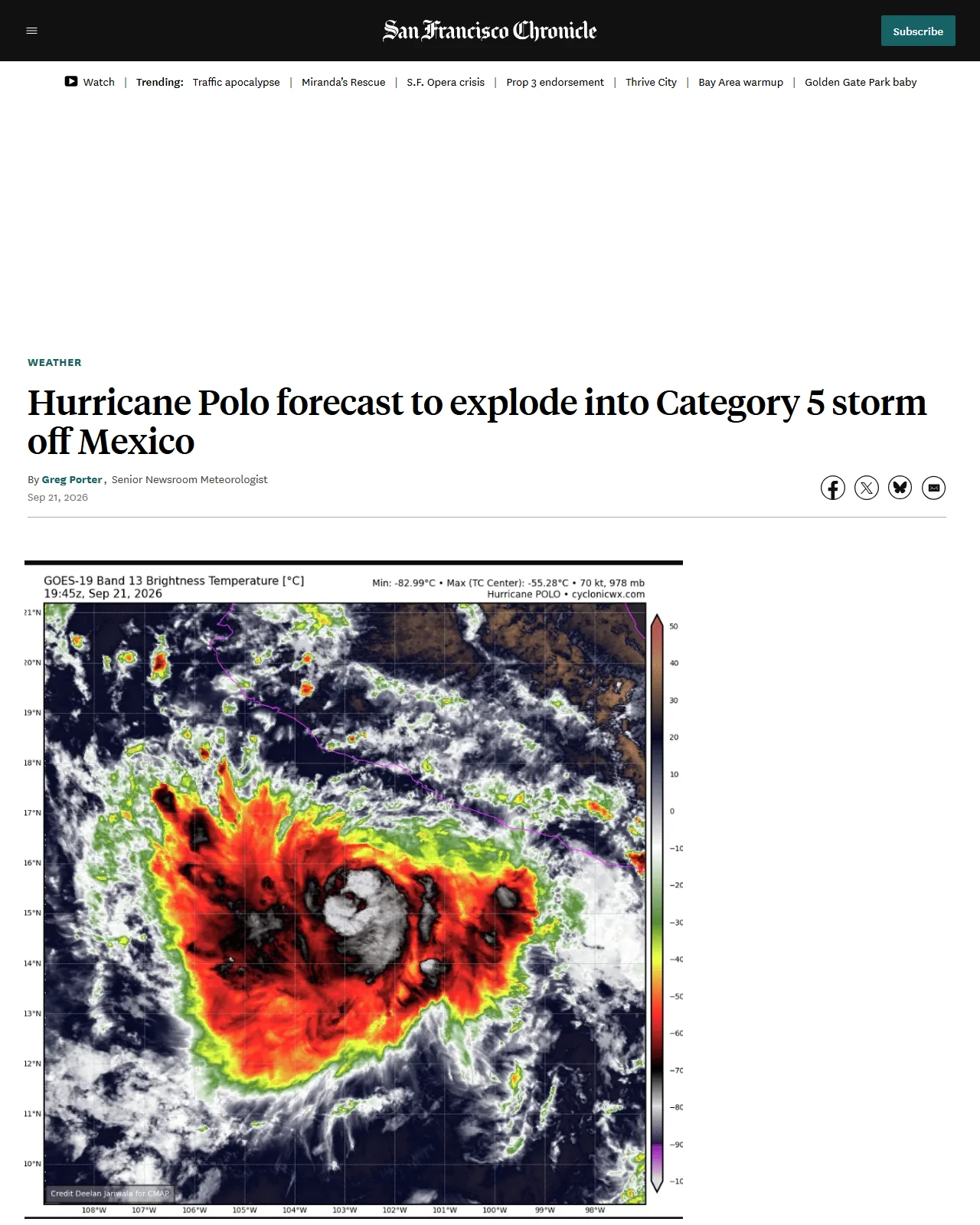 sfchronicle.com as published: Hurricane Polo forecast to explode into Category 5 storm off Mexico