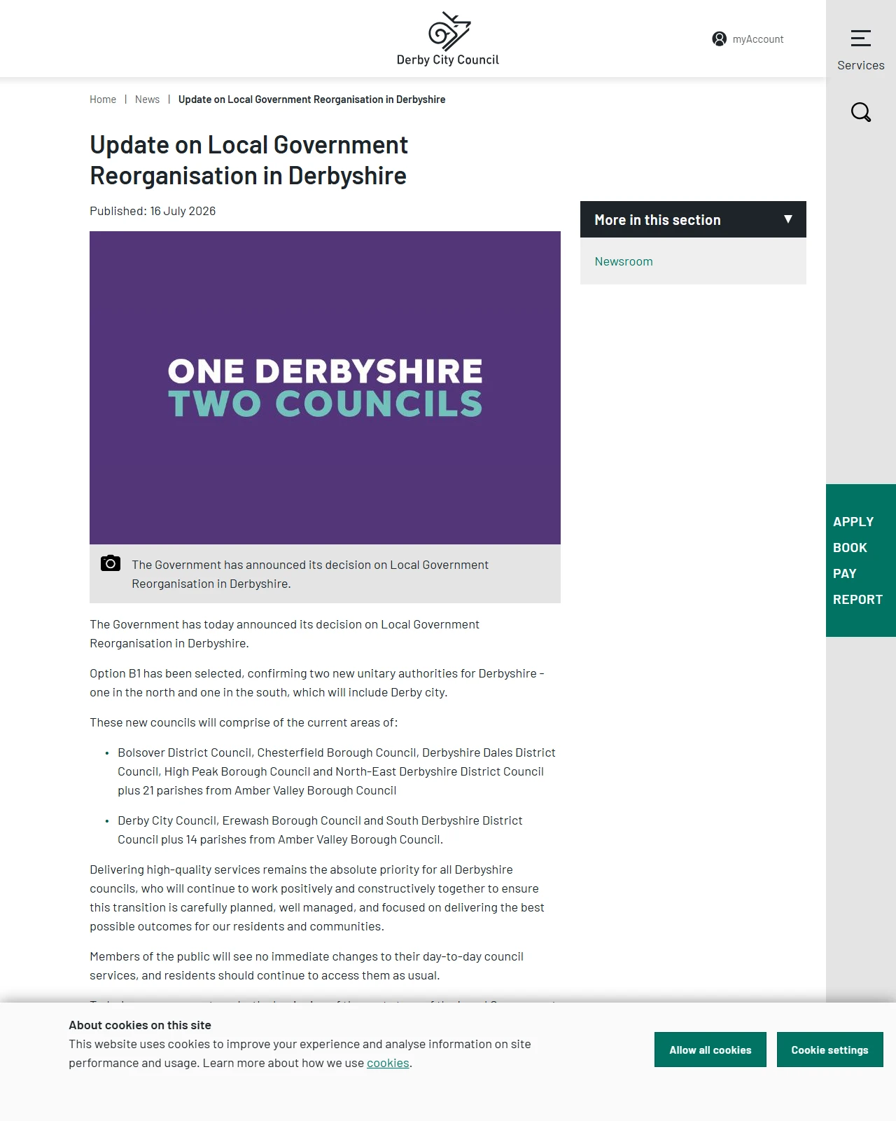 derby.gov.uk as published: Update on Local Government Reorganisation in Derbyshire