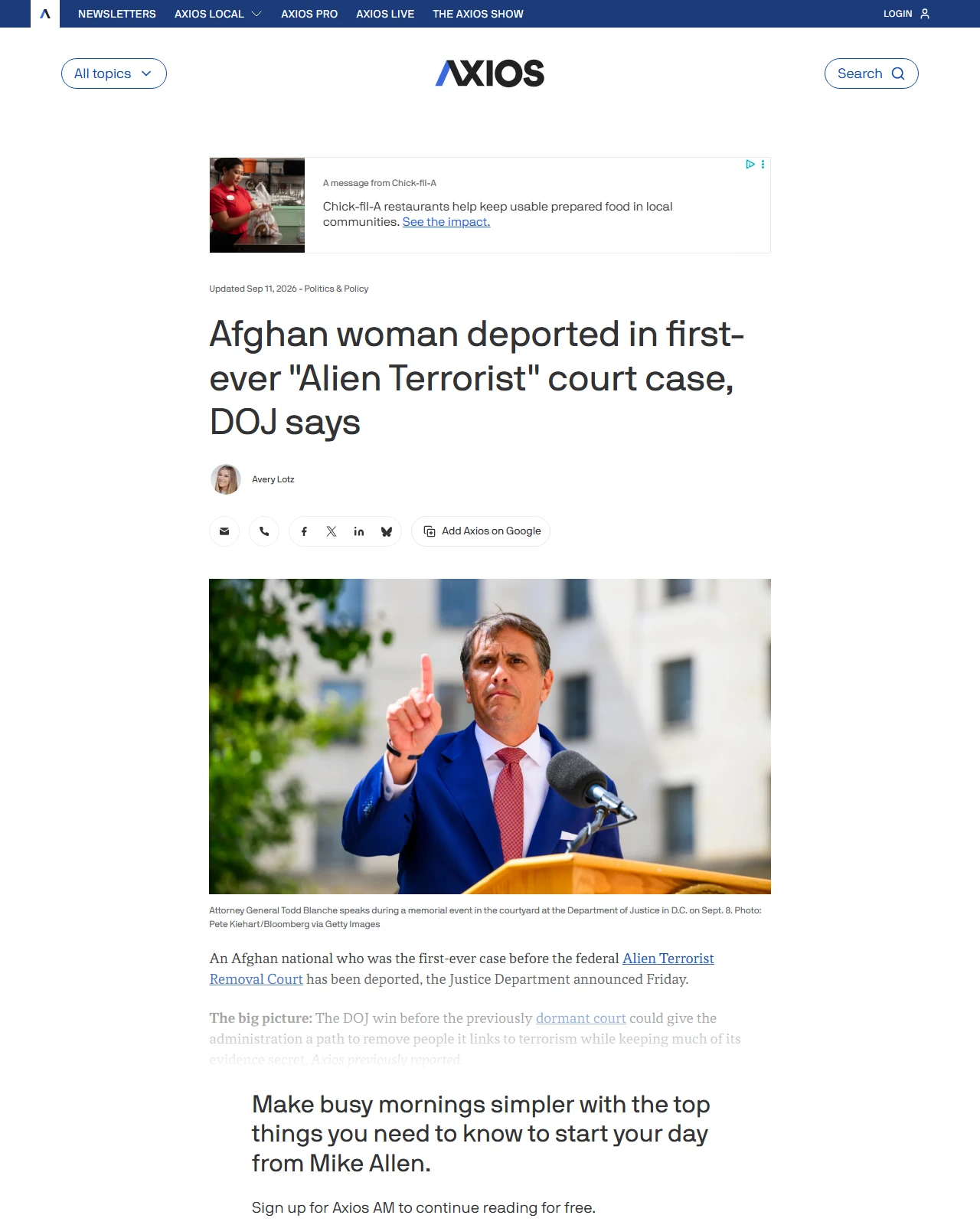 axios.com as published: Afghan woman deported in first-ever "Alien Terrorist" court case, DOJ says