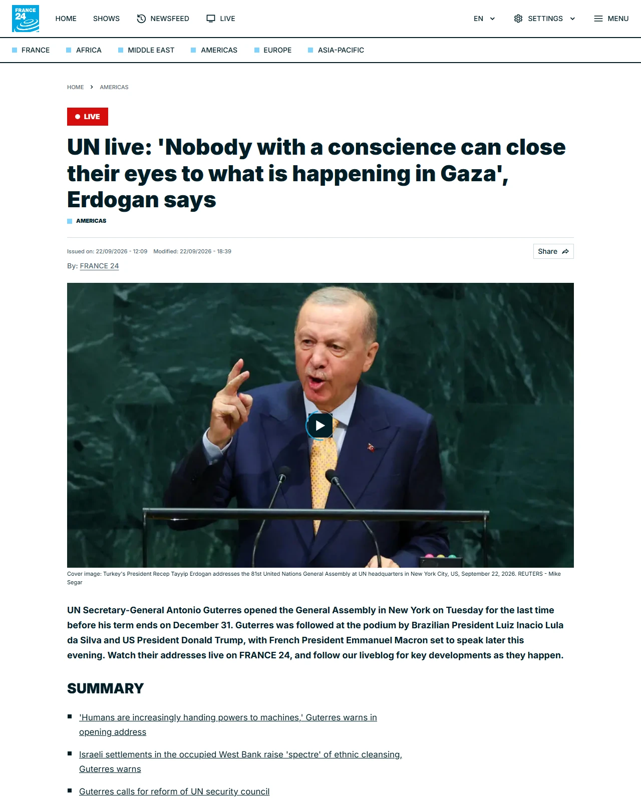 france24.com as published: 🔴Live: Trump set to defend Iran war in speech before UN General Assembly