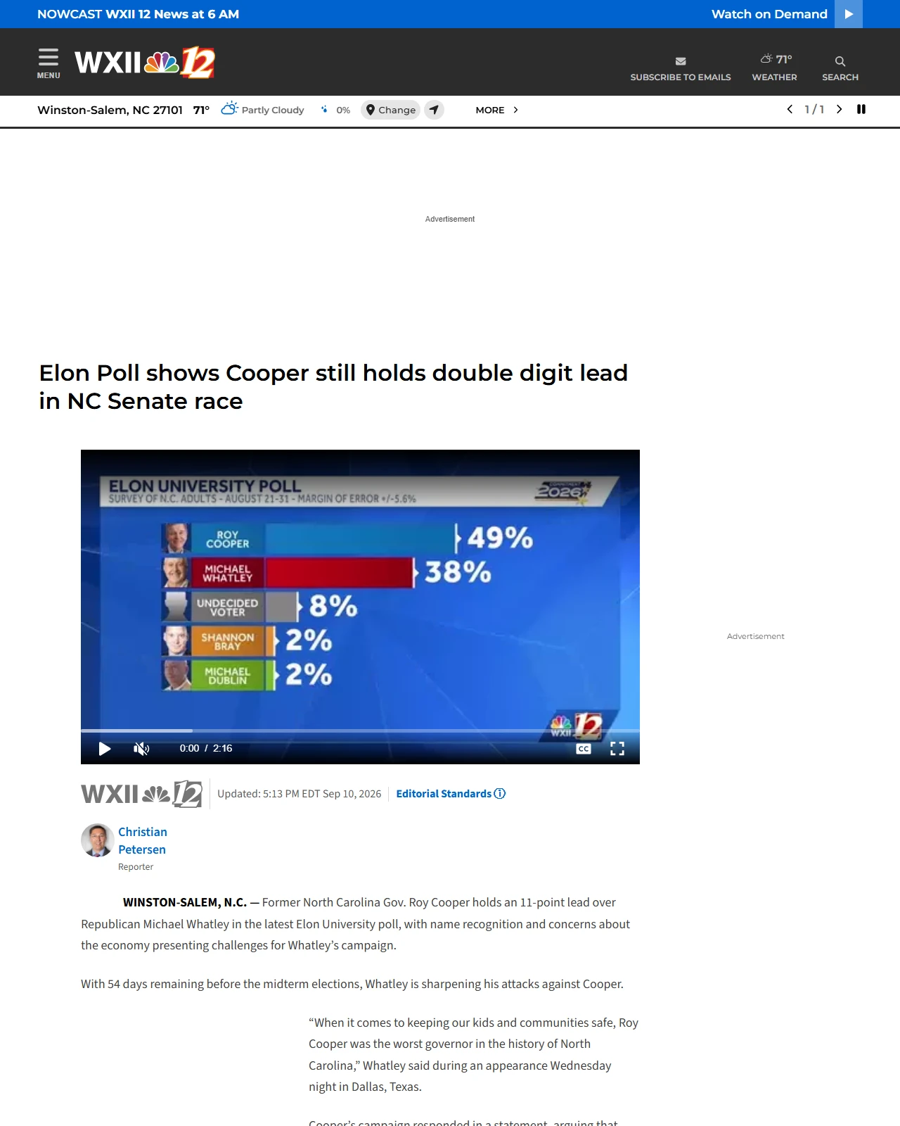 wxii12.com as published: Elon Poll shows Cooper still holds double digit lead in NC Senate race