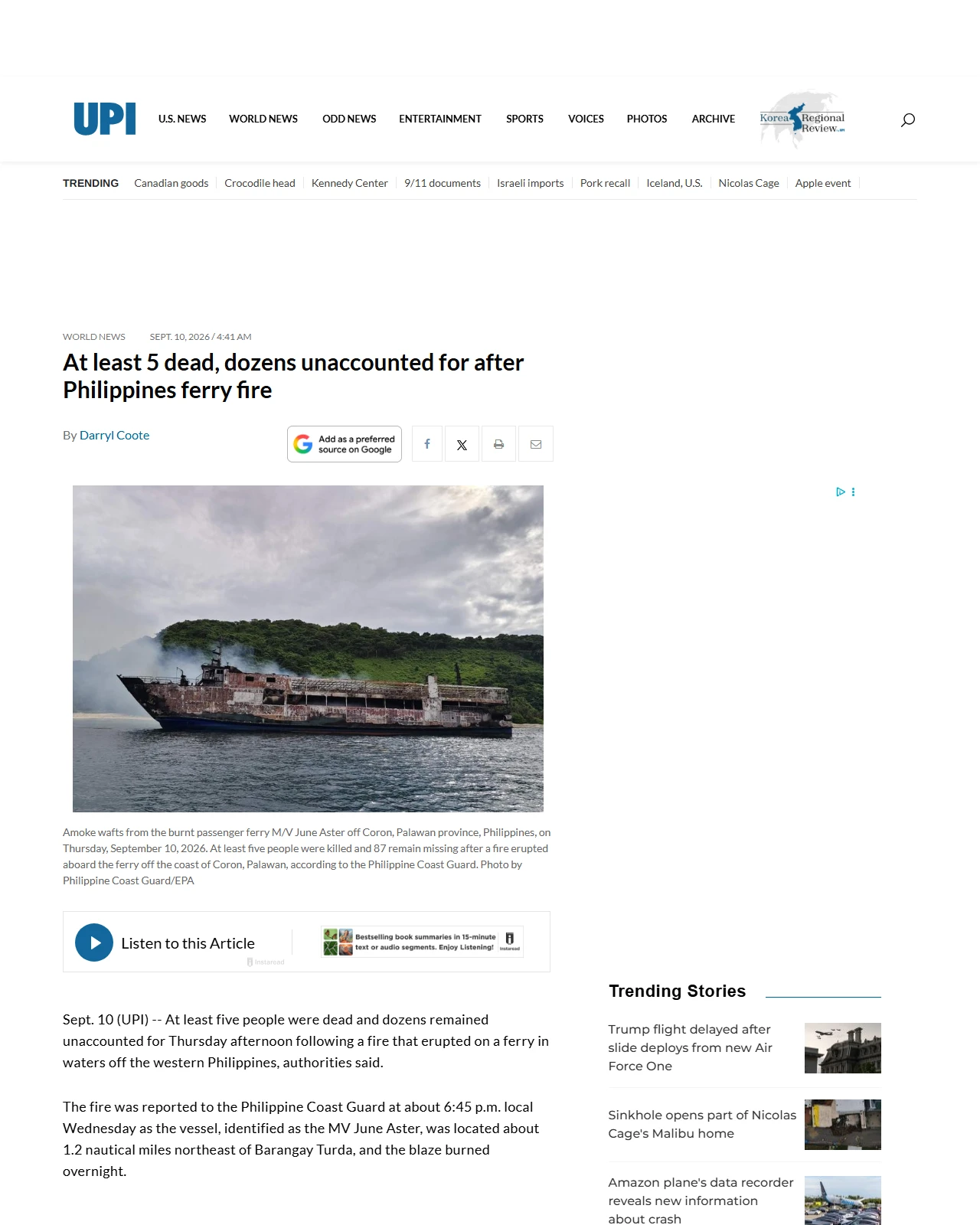 upi.com as published: At least 5 dead, dozens unaccounted for after Philippines ferry fire