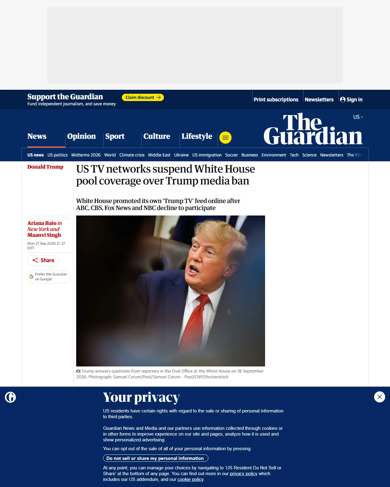 theguardian.com as published: US TV networks suspend White House pool coverage over Trump media ban