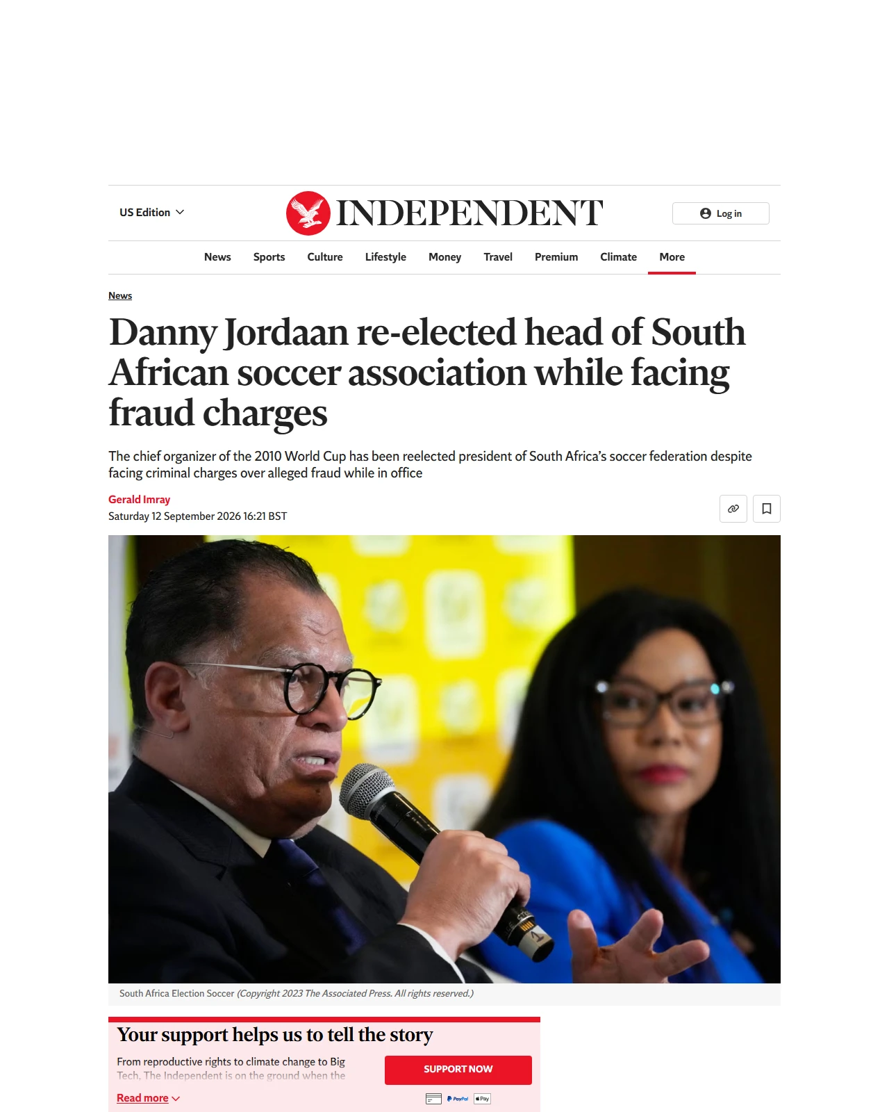 independent.co.uk as published: Danny Jordaan re-elected head of South African soccer association while facing fraud charges