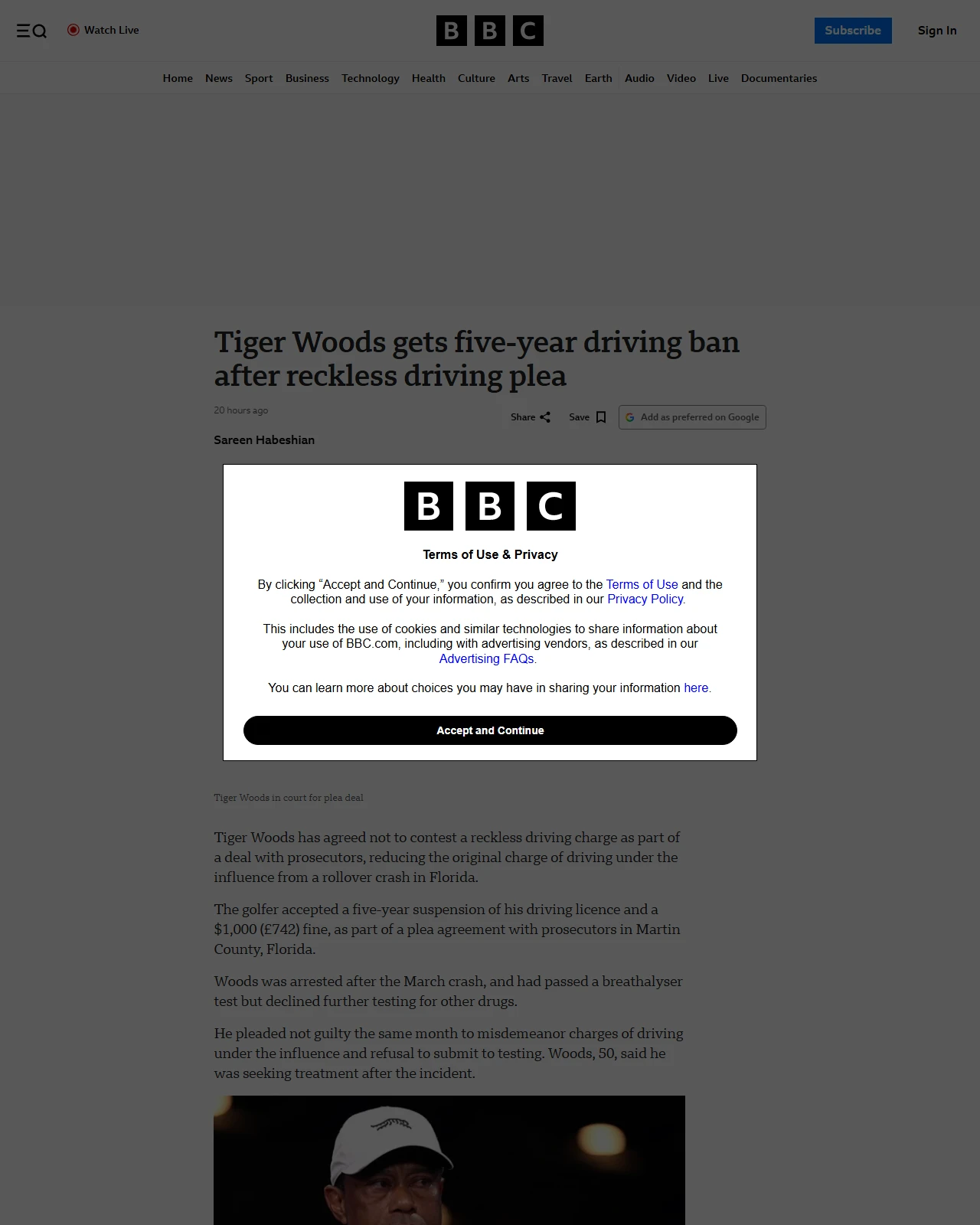 bbc.com as published: Tiger Woods gets five-year driving ban after reckless driving plea