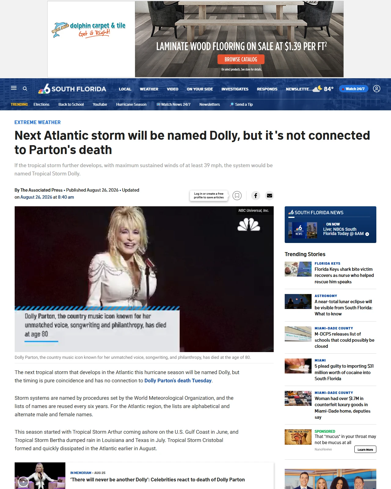 nbcmiami.com as published: Next Atlantic storm will be named Dolly, but it's not connected to Parton's death