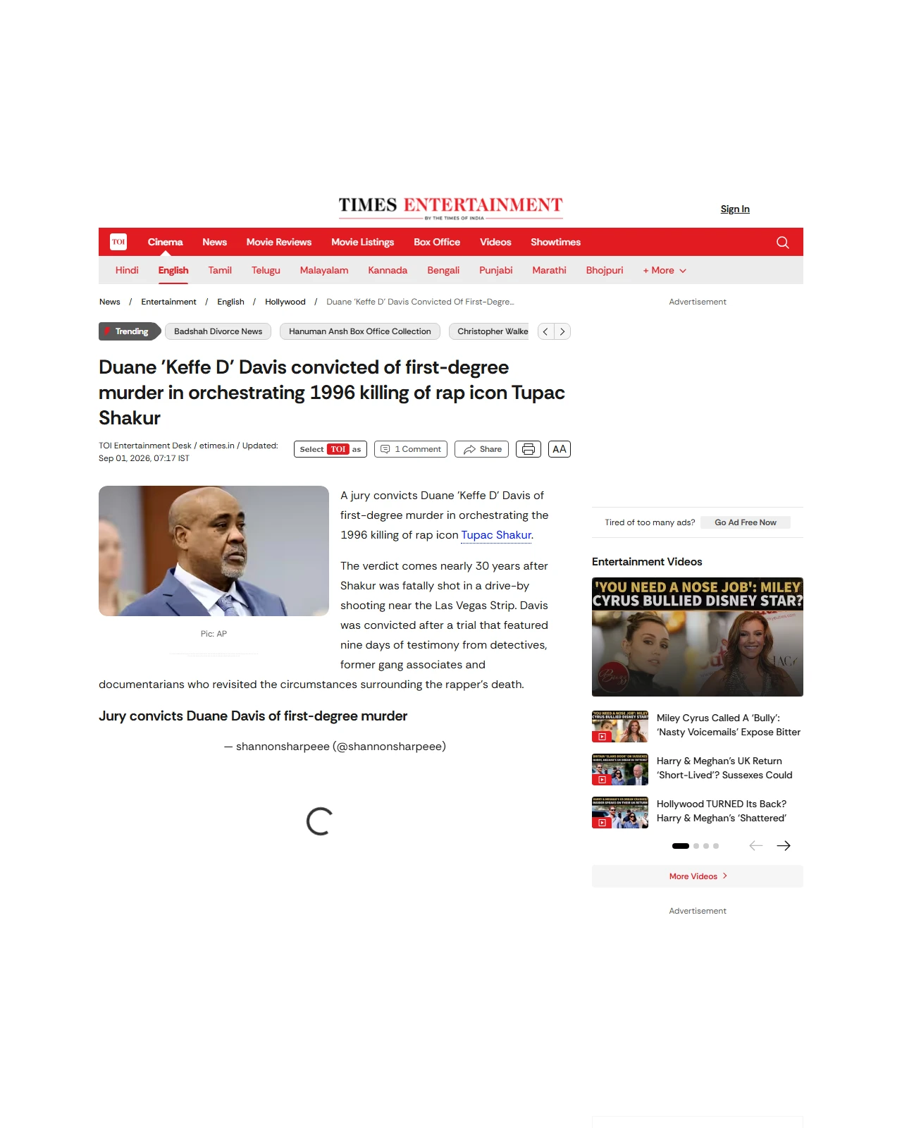 timesofindia.indiatimes.com as published: Duane 'Keffe D' Davis convicted of first-degree murder in orchestrating 1996 killing of rap icon Tupac Shakur