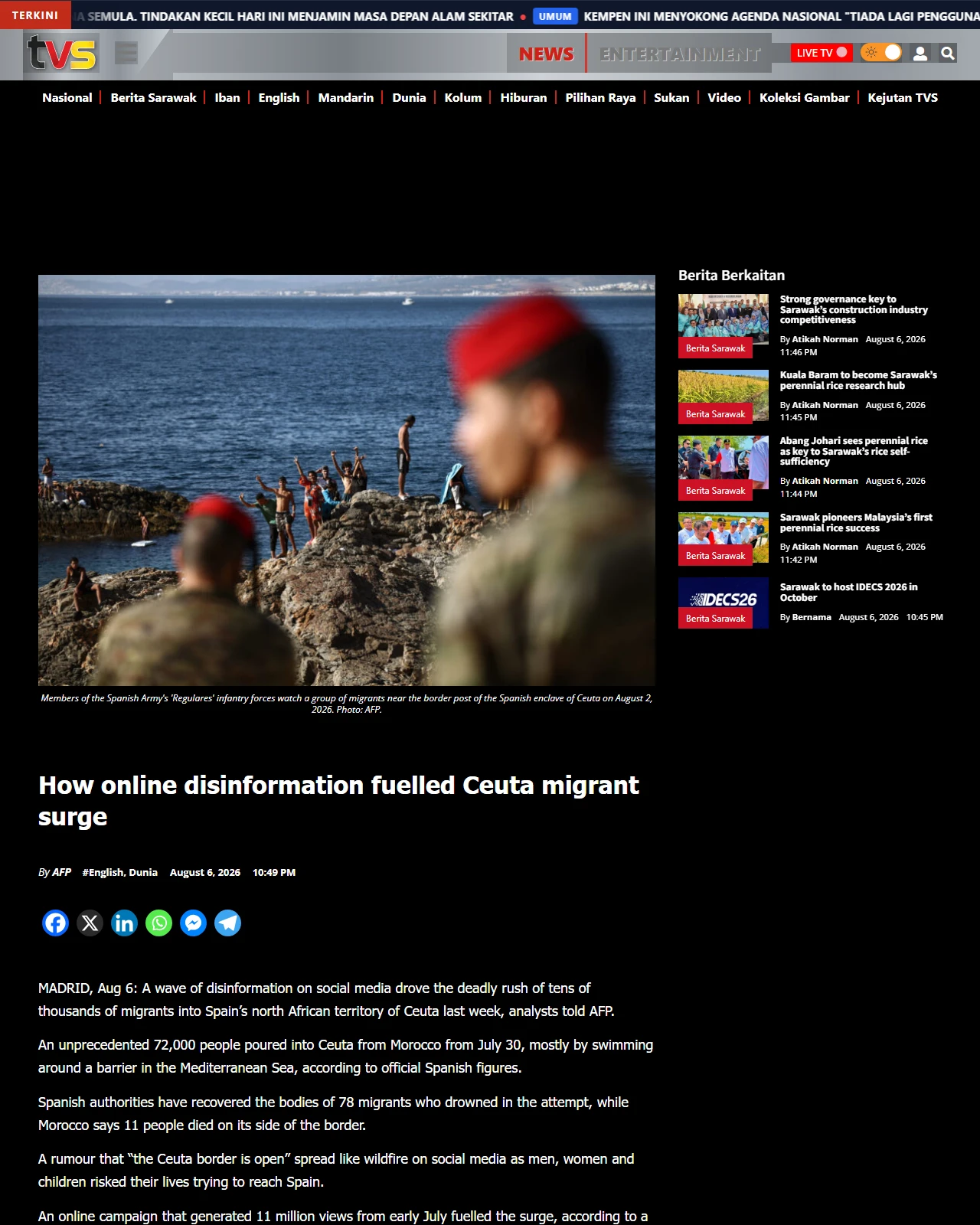 tvsarawak.my as published: How online disinformation fuelled Ceuta migrant surge
