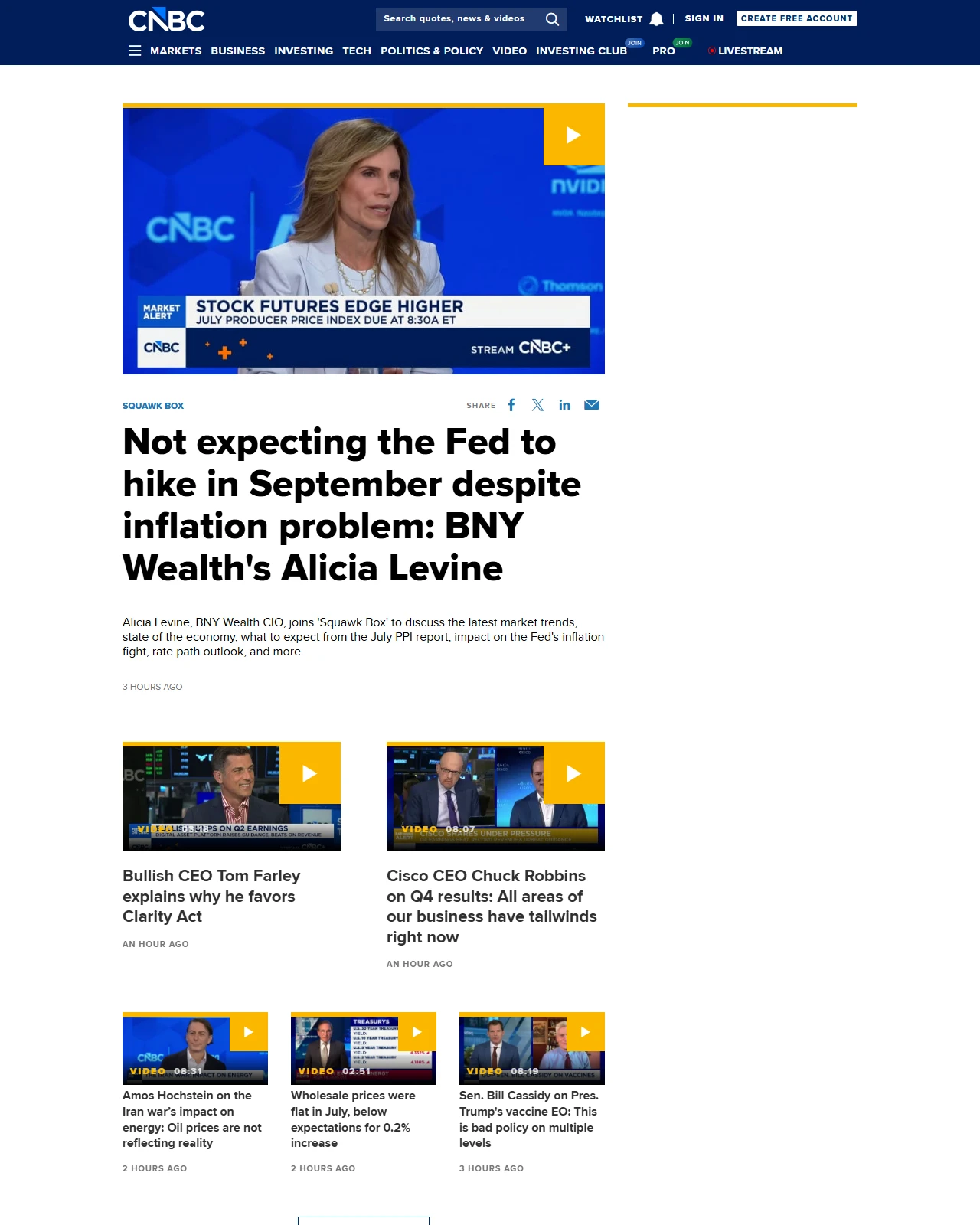 cnbc.com as published: Not expecting the Fed to hike in September despite inflation problem: BNY Wealth's Alicia Levine