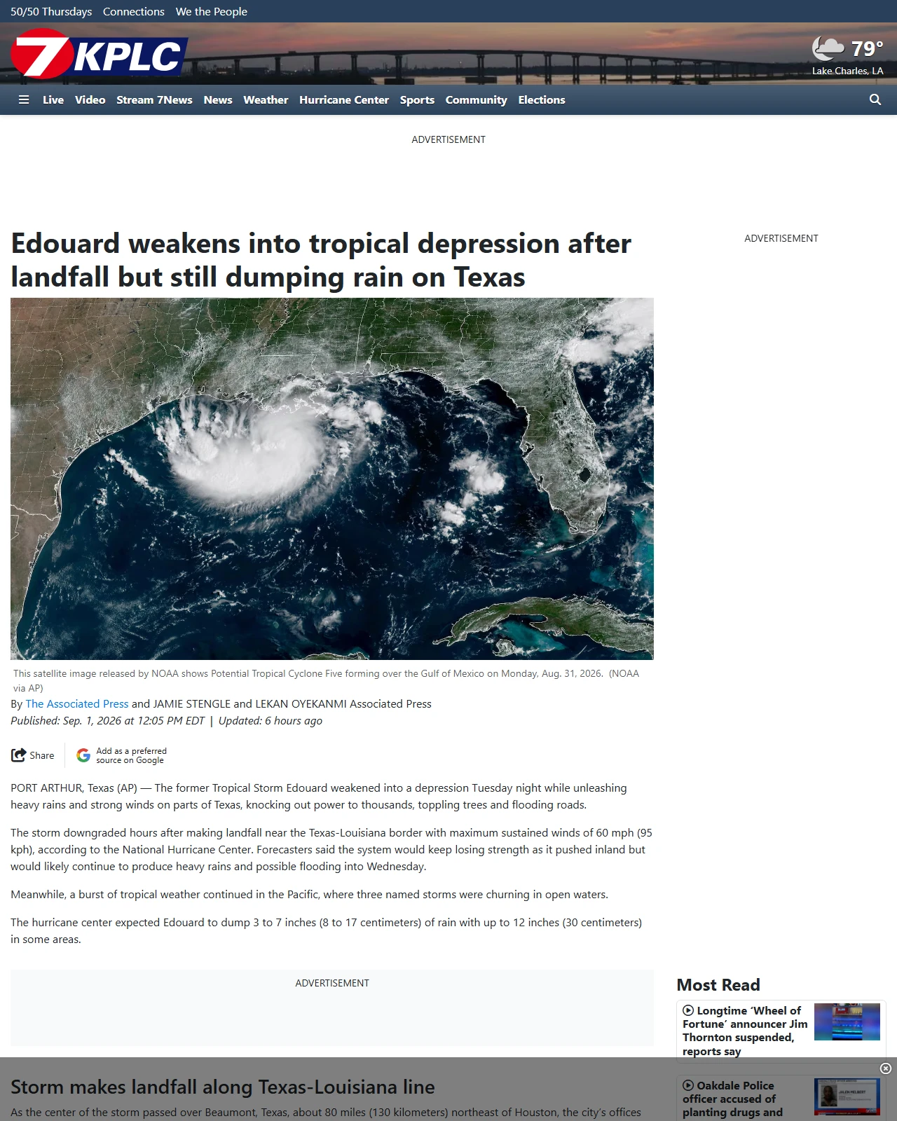 kplctv.com as published: Tropical Storm Edouard arrives on Texas and Louisiana coasts after gaining strength in Gulf