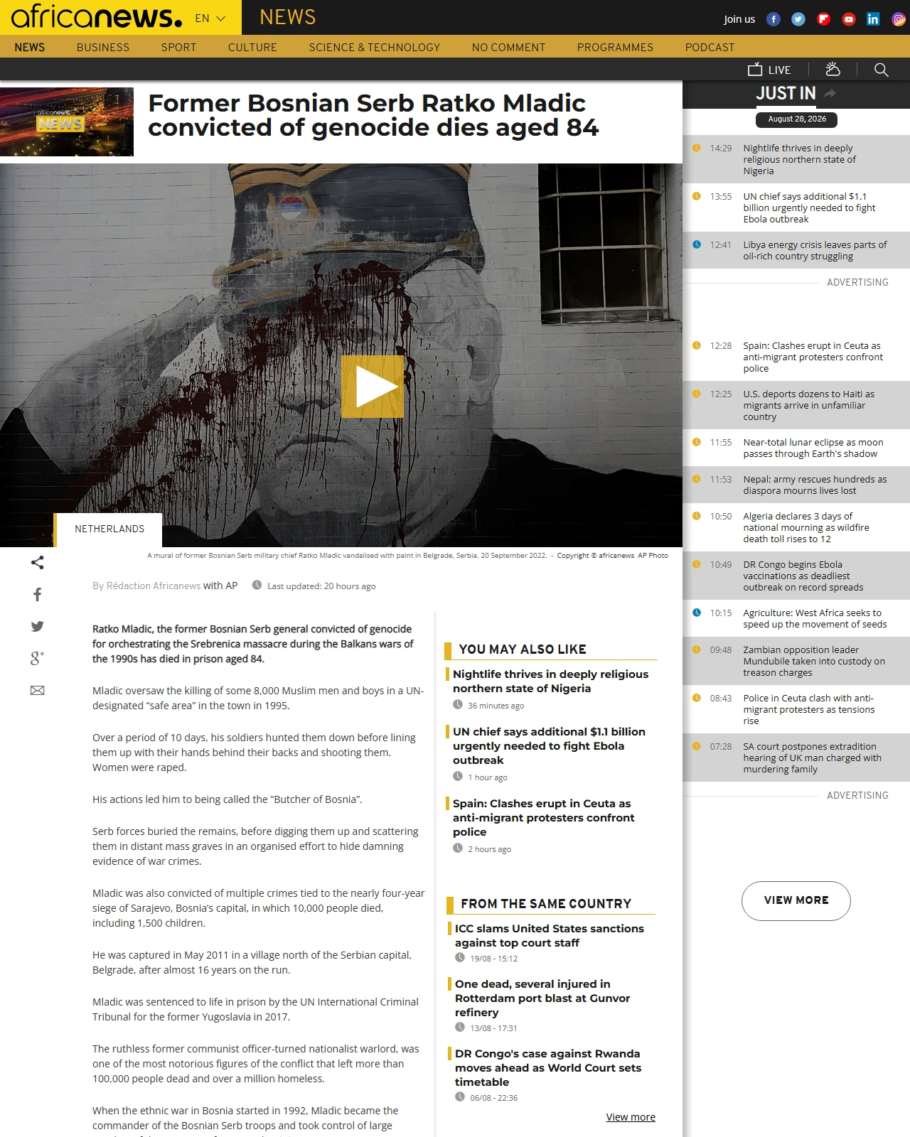 africanews.com as published: Former Bosnian Serb Ratko Mladic convicted of genocide dies aged 84