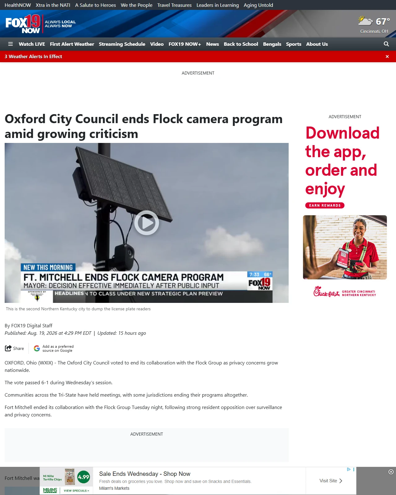 fox19.com as published: Oxford City Council ends Flock camera program amid growing criticism