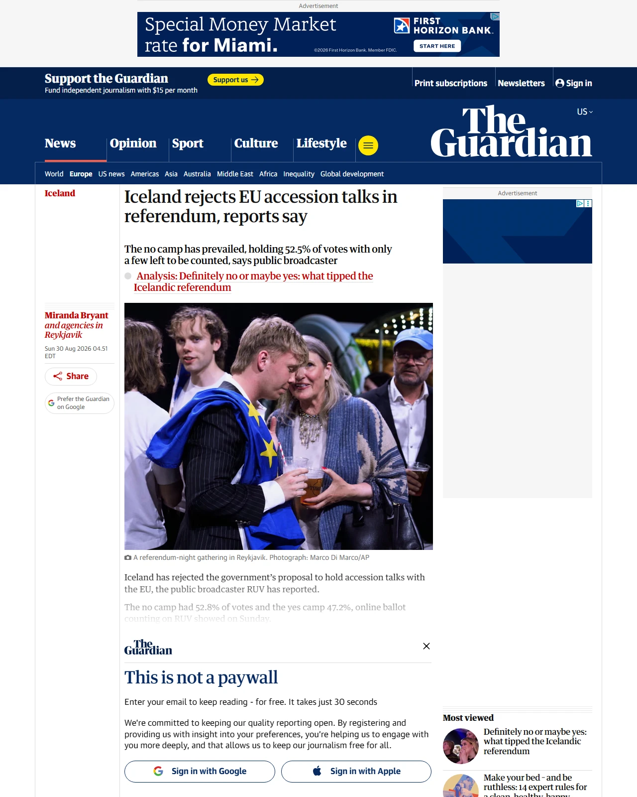 theguardian.com as published: Iceland appears to have rejected EU accession talks in referendum, reports say