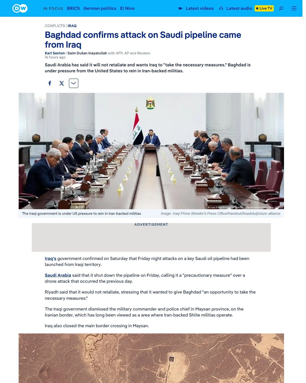 dw.com as published: Baghdad confirms attack on Saudi pipeline came from Iraq