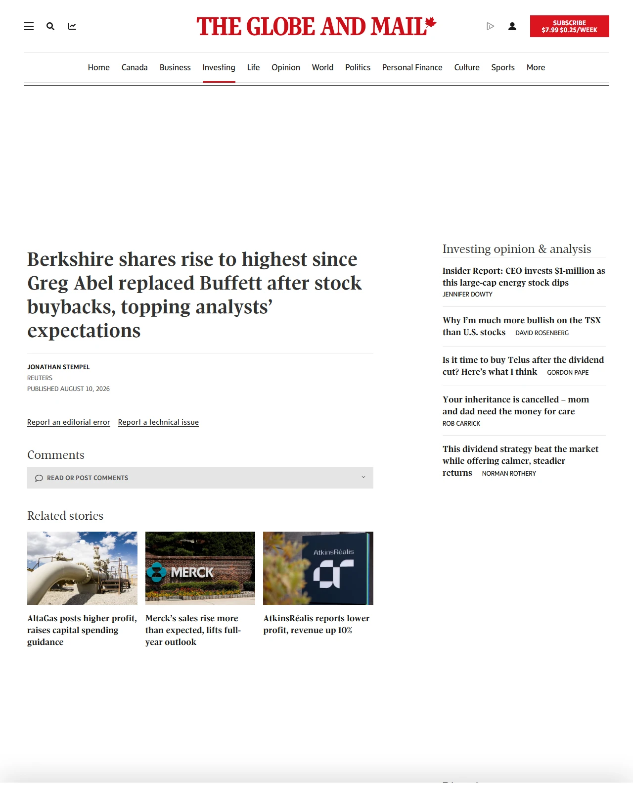 theglobeandmail.com as published: Berkshire shares rise to highest since Greg Abel replaced Buffett after stock buybacks, topping analysts’ expectations