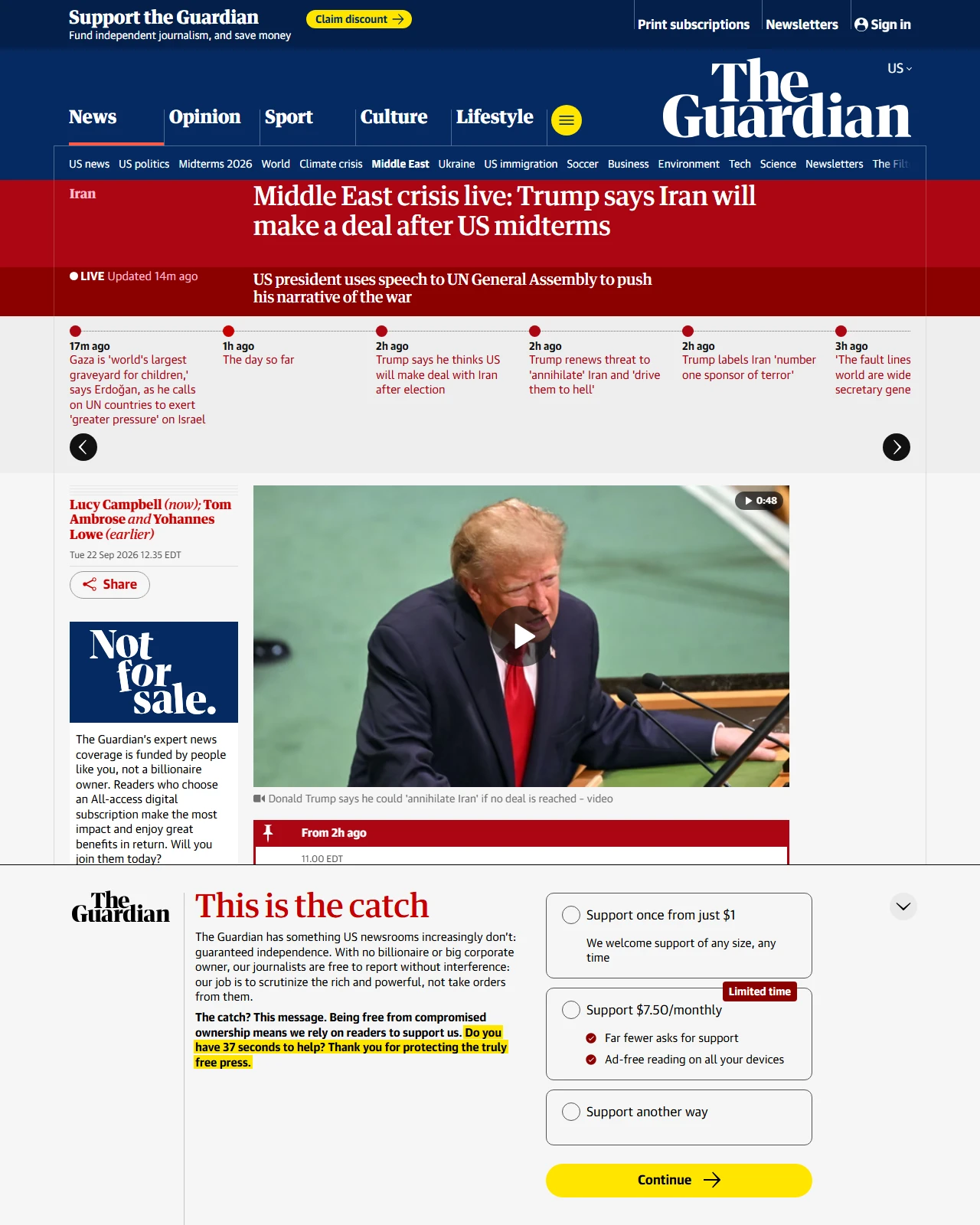 theguardian.com as published: Middle East crisis live: Trump says Iran will make a deal after US midterms