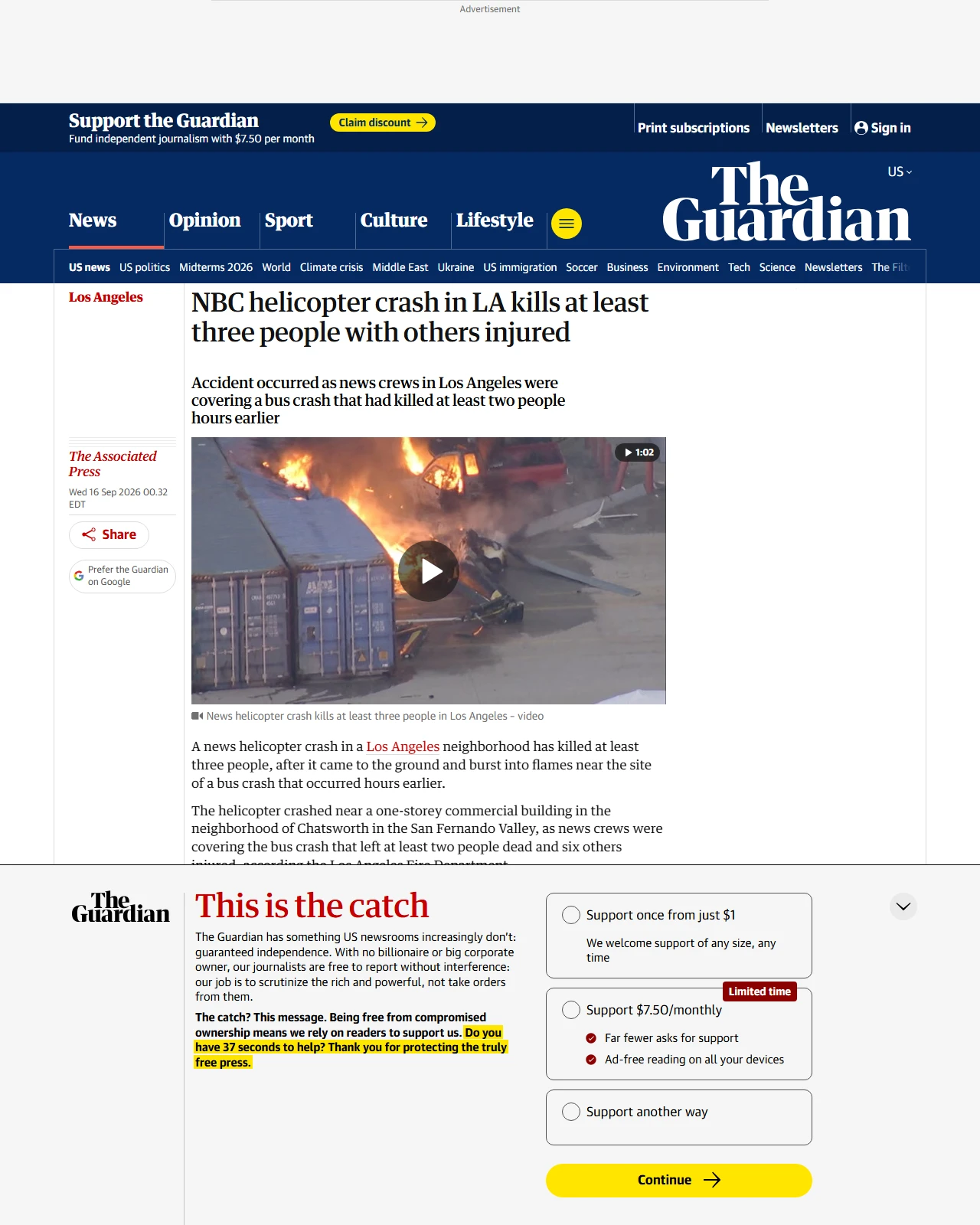 theguardian.com as published: NBC helicopter crash in LA kills at least three people with others injured