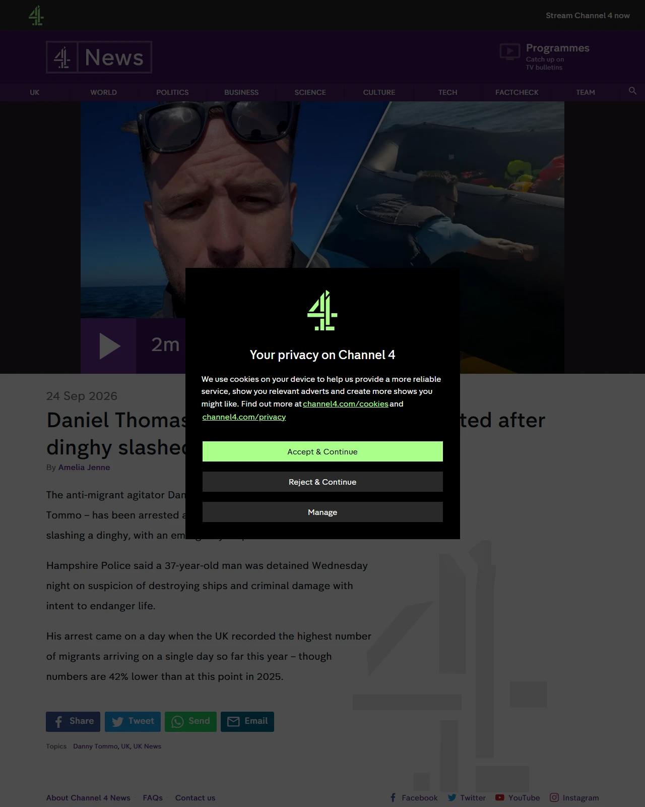 channel4.com as published: Daniel Thomas: Anti-migrant activist arrested after dinghy slashed in Channel