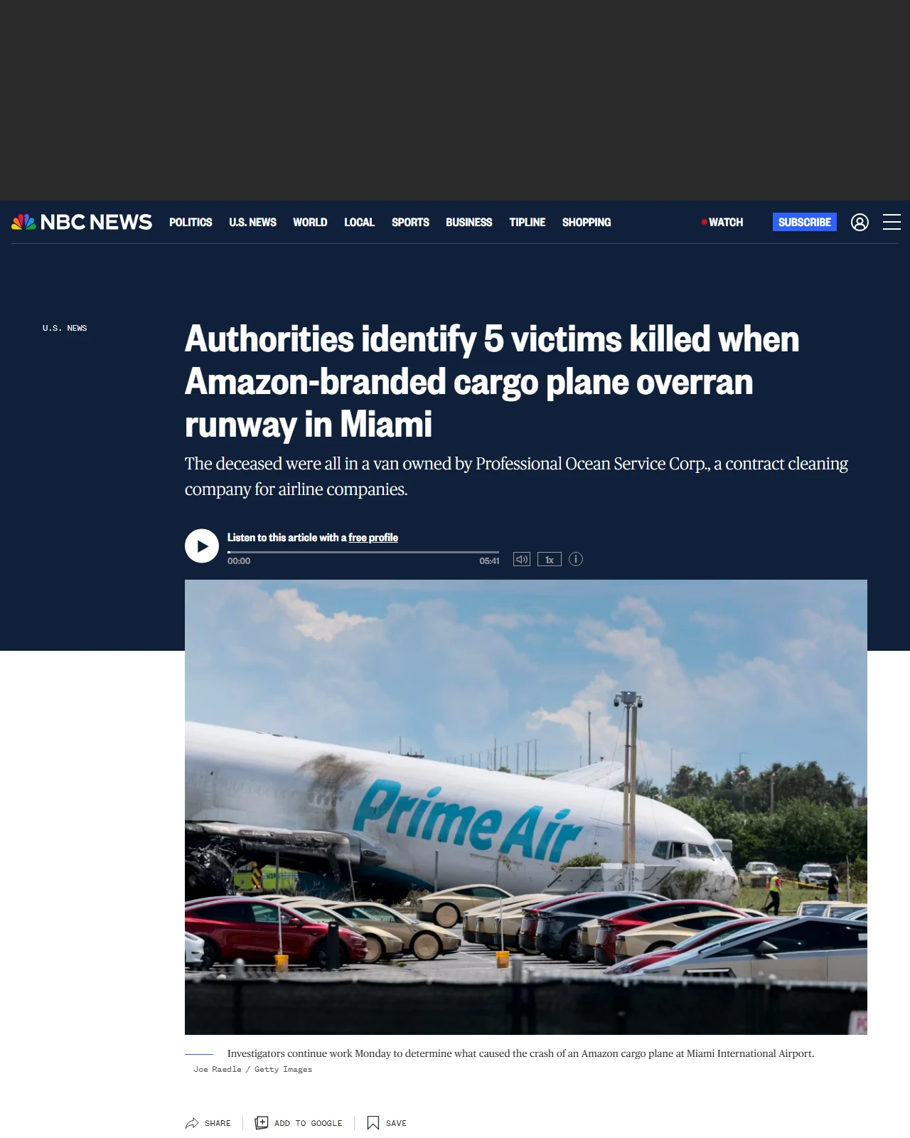 nbcnews.com as published: Authorities identify 5 victims killed when Amazon-branded cargo plane overran runway in Miami