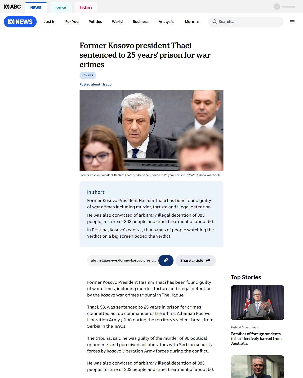 abc.net.au as published: Former Kosovo president Thaci sentenced to 25 years' prison for war crimes - ABC News & Headlines – Australian Broadcasting Corporation