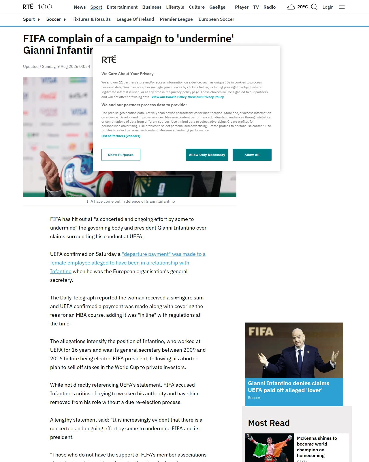 rte.ie as published: FIFA complain of a campaign to 'undermine' Infantino