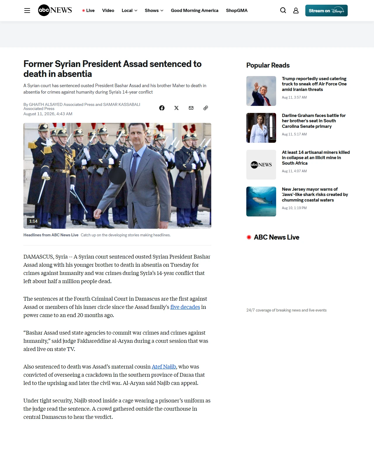 abcnews.com as published: Former Syrian President Assad sentenced to death in absentia for war crimes - ABC News