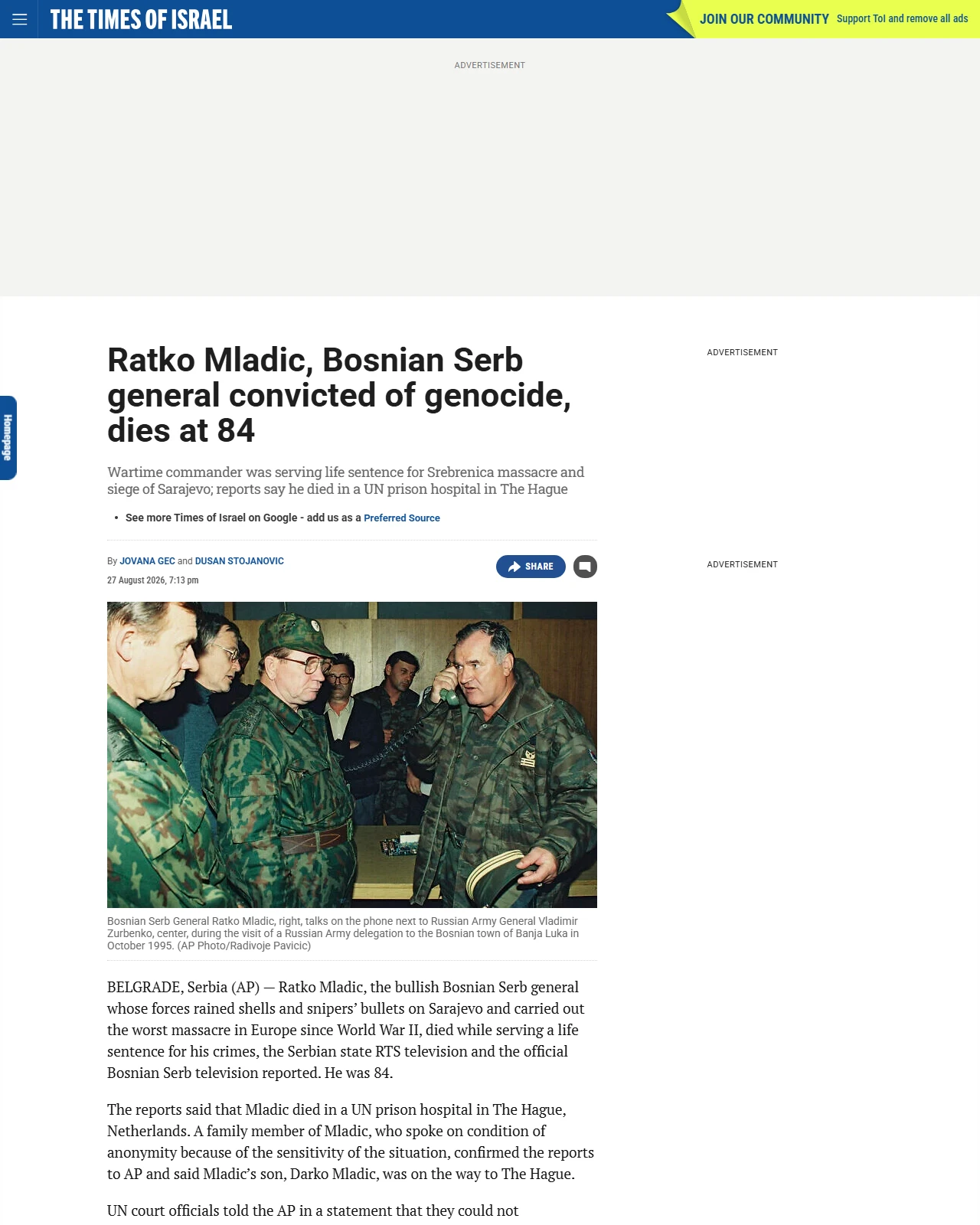 timesofisrael.com as published: Ratko Mladic, Bosnian Serb general convicted of genocide, dies at 84