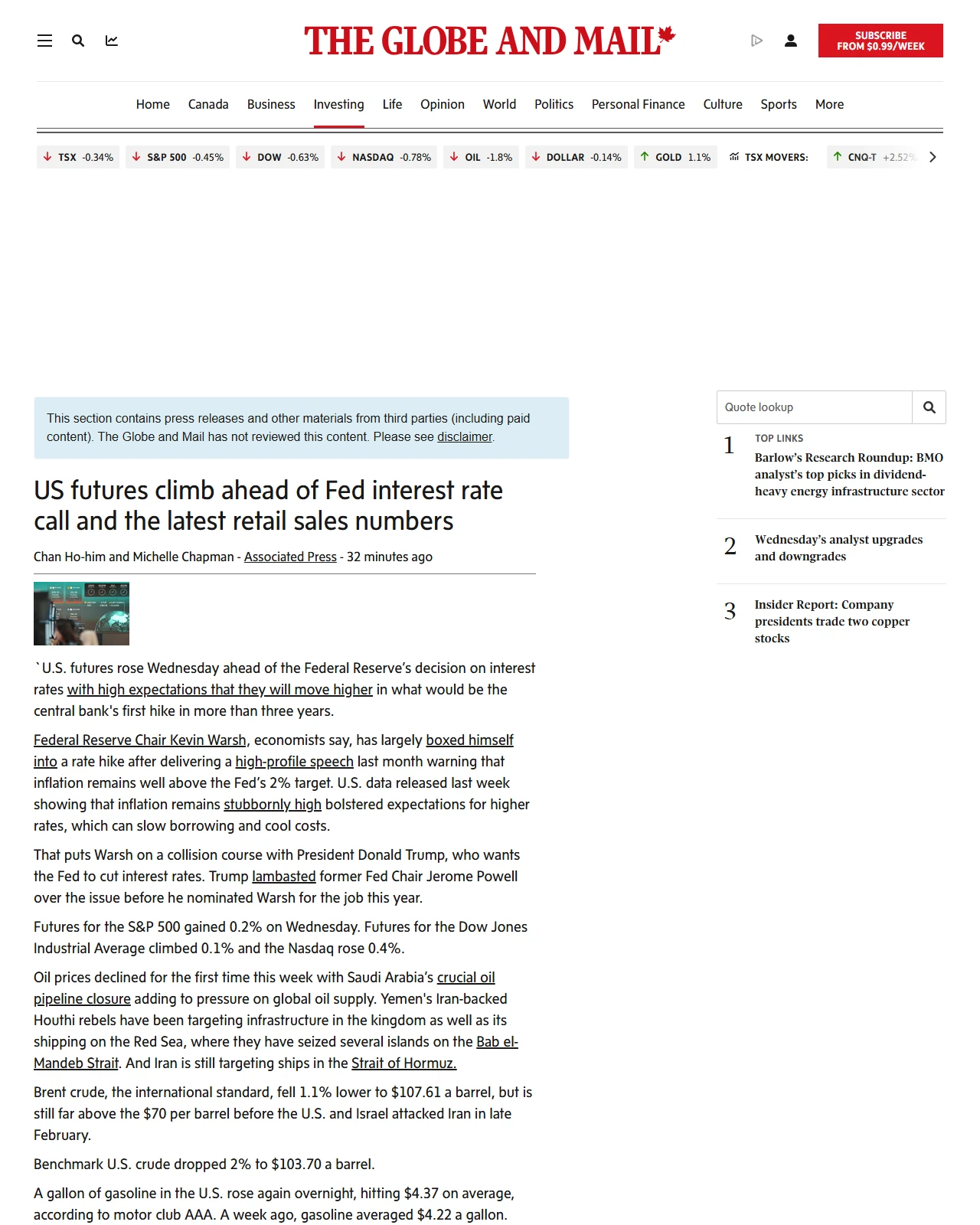 theglobeandmail.com as published: Global stocks advance ahead of Fed's interest rate decision