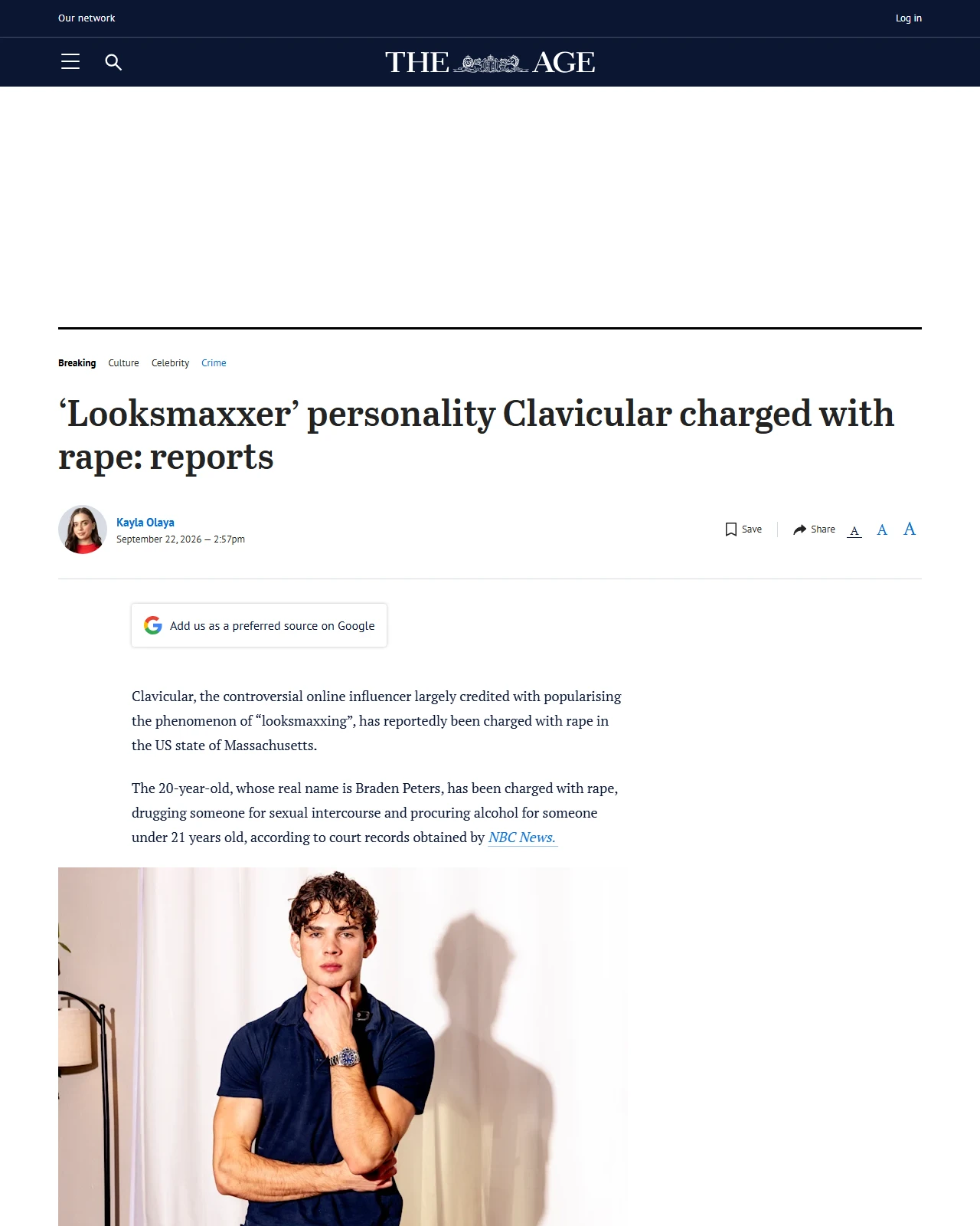 theage.com.au as published: ‘Looksmaxxer’ personality Clavicular charged with rape: reports