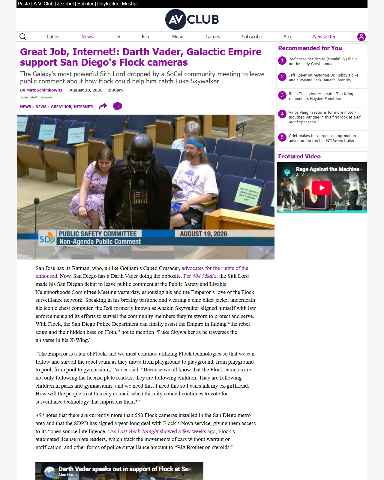 avclub.com as published: Great Job, Internet!: Darth Vader, Galactic Empire support San Diego's Flock cameras