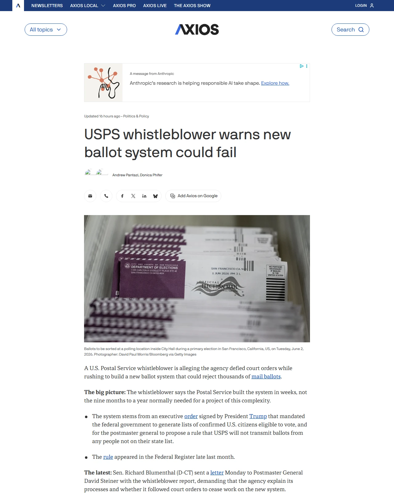 axios.com as published: USPS whistleblower warns new ballot system could fail