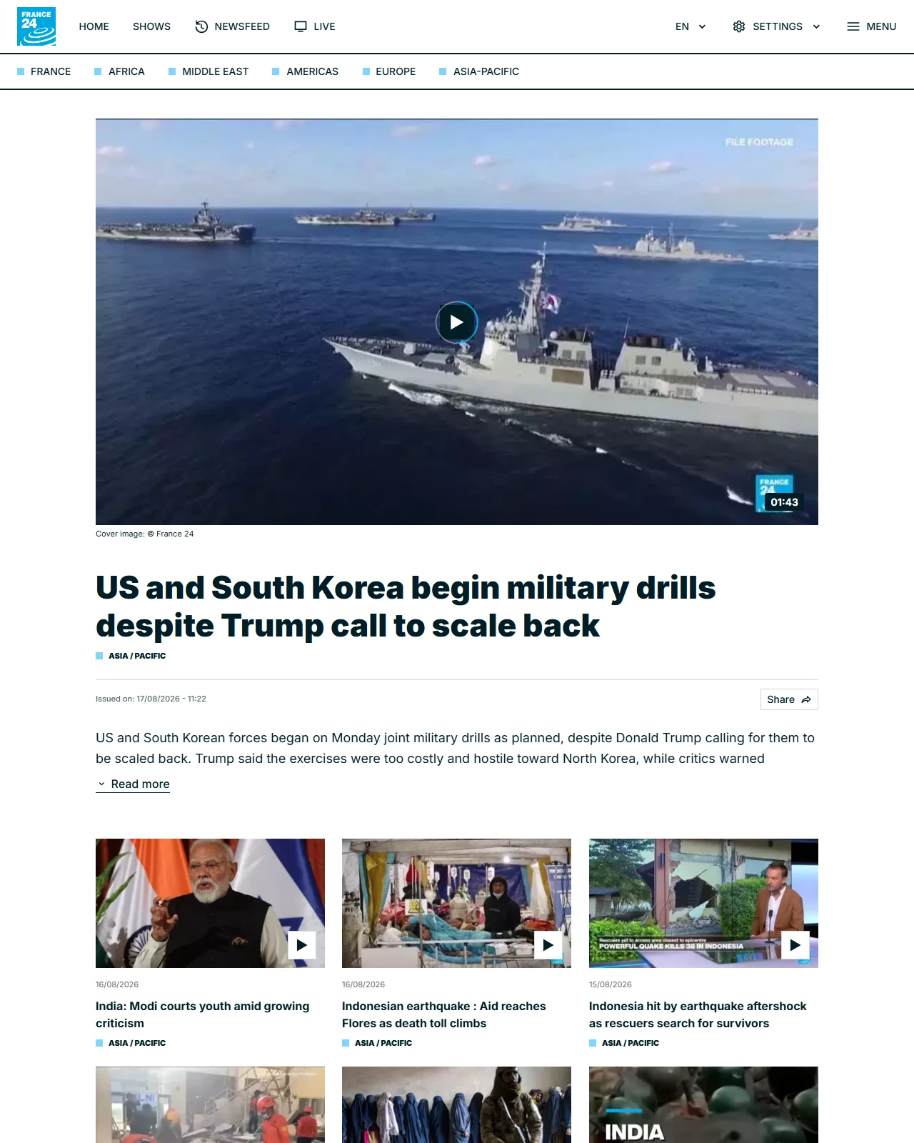 france24.com as published: US and South Korea begin military drills despite Trump call to scale back