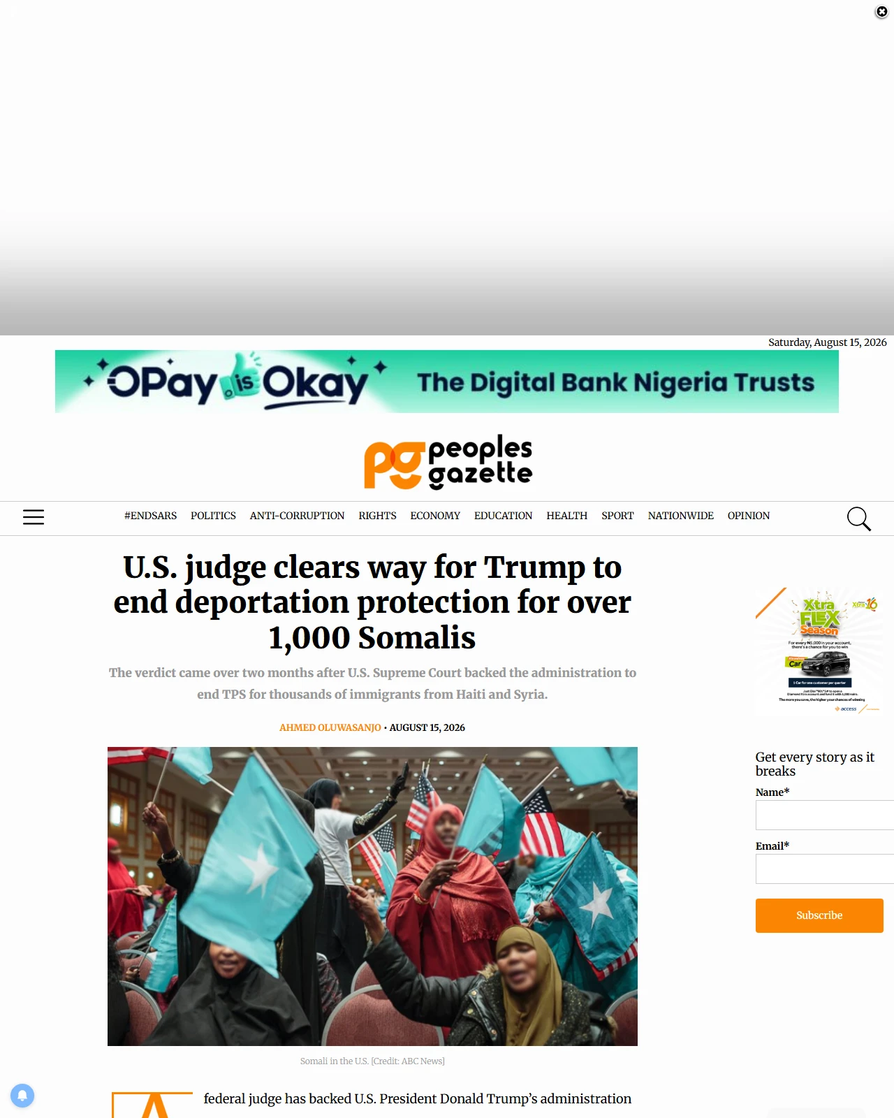 gazettengr.com as published: U.S. judge clears way for Trump to end deportation protection for over 1,000 Somalis