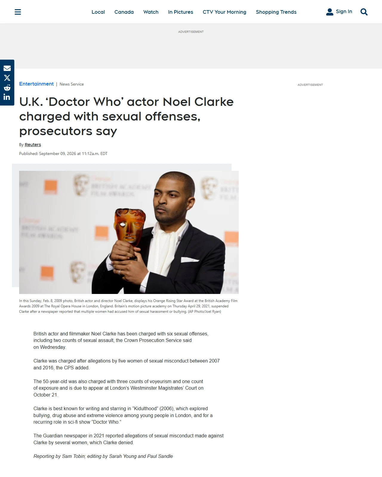 ctvnews.ca as published: U.K. ‘Doctor Who’ actor Noel Clarke charged with sexual offenses, prosecutors say