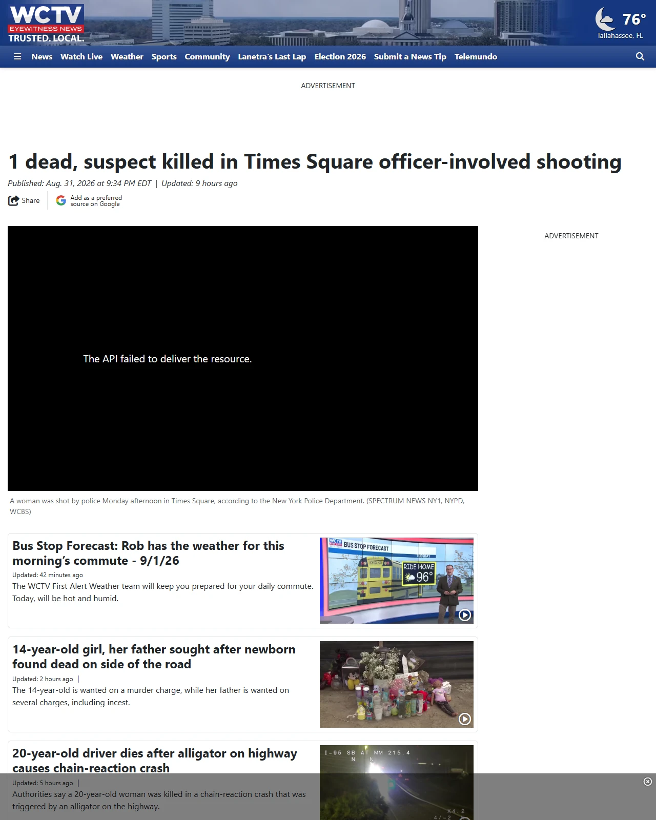 wctv.tv as published: 1 dead, suspect killed in Times Square officer-involved shooting