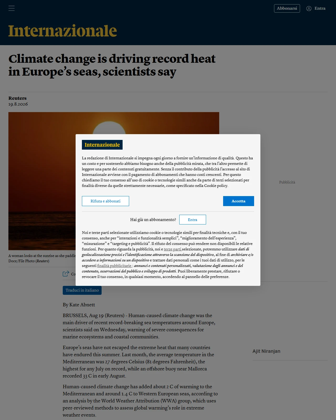 internazionale.it as published: Climate change is driving record heat in Europe’s seas, scientists say