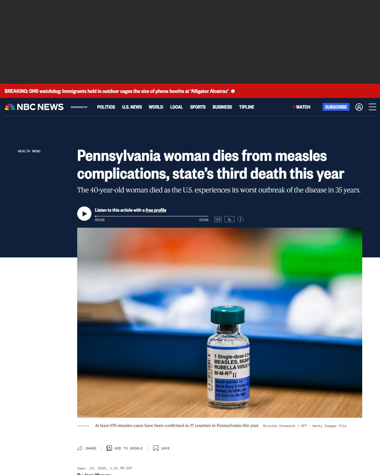 nbcnews.com as published: Pennsylvania woman dies from measles complications, state’s third death this year