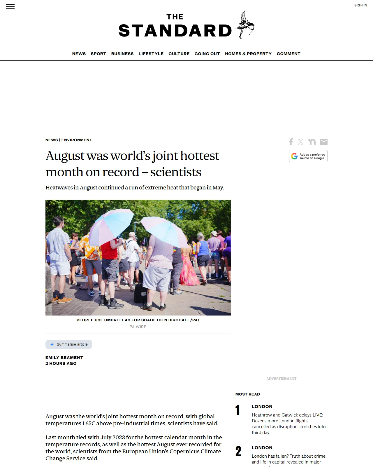 standard.co.uk as published: August was world’s joint hottest month on record – scientists
