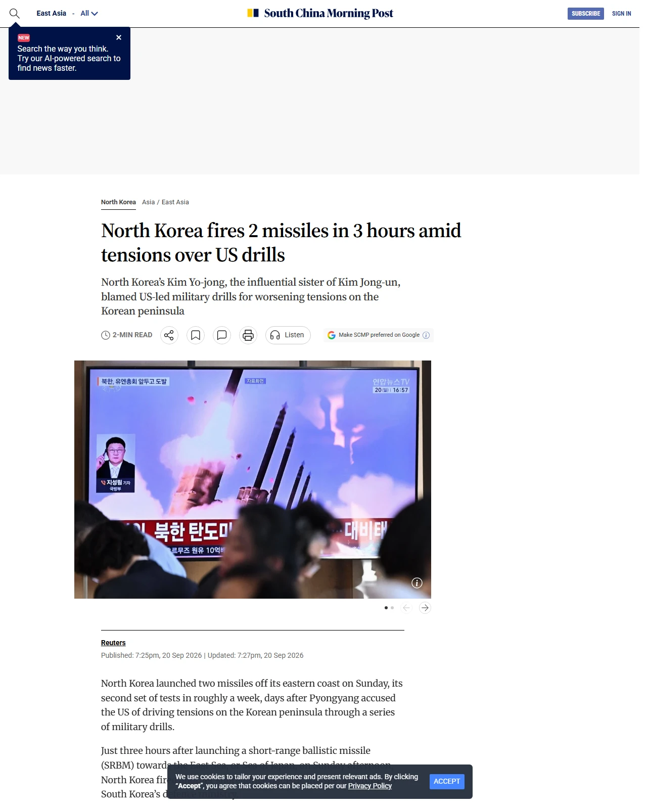 scmp.com as published: North Korea fires 2 missiles in 3 hours amid tensions over US drills