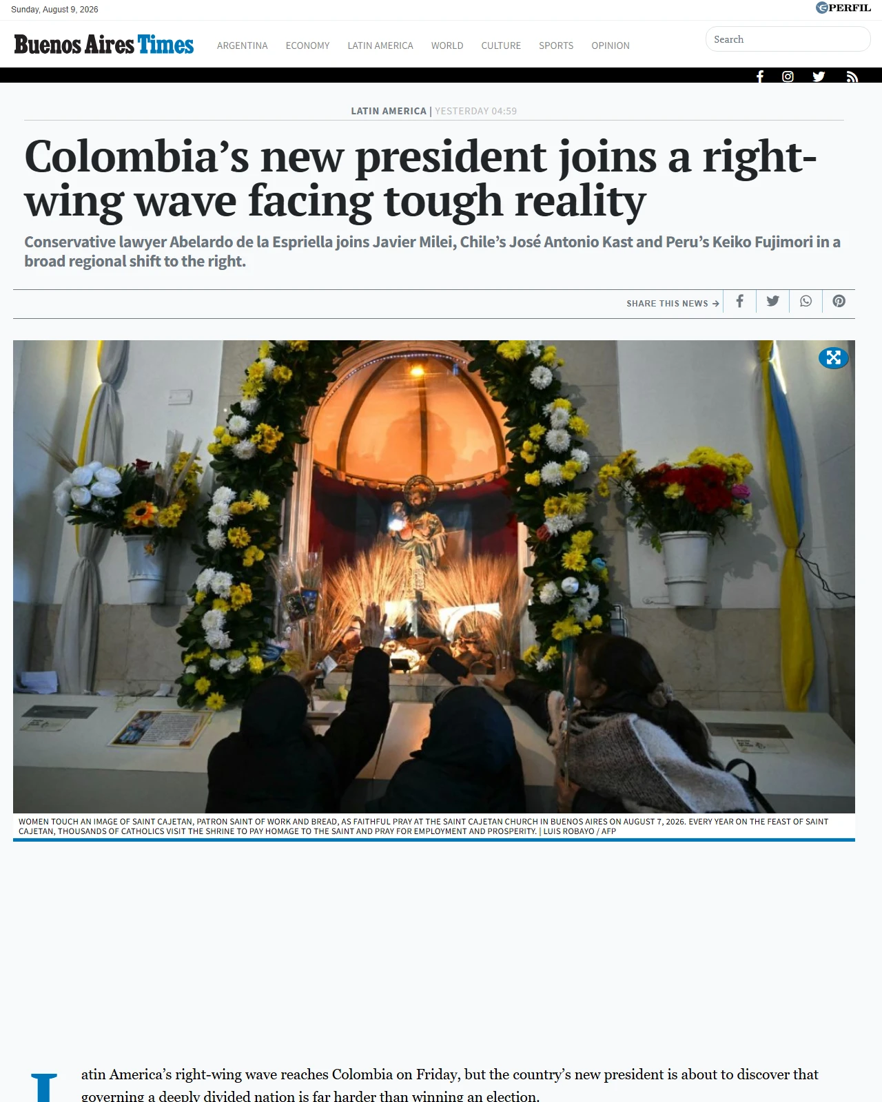 batimes.com.ar as published: Colombia’s new president joins a right-wing wave facing tough reality