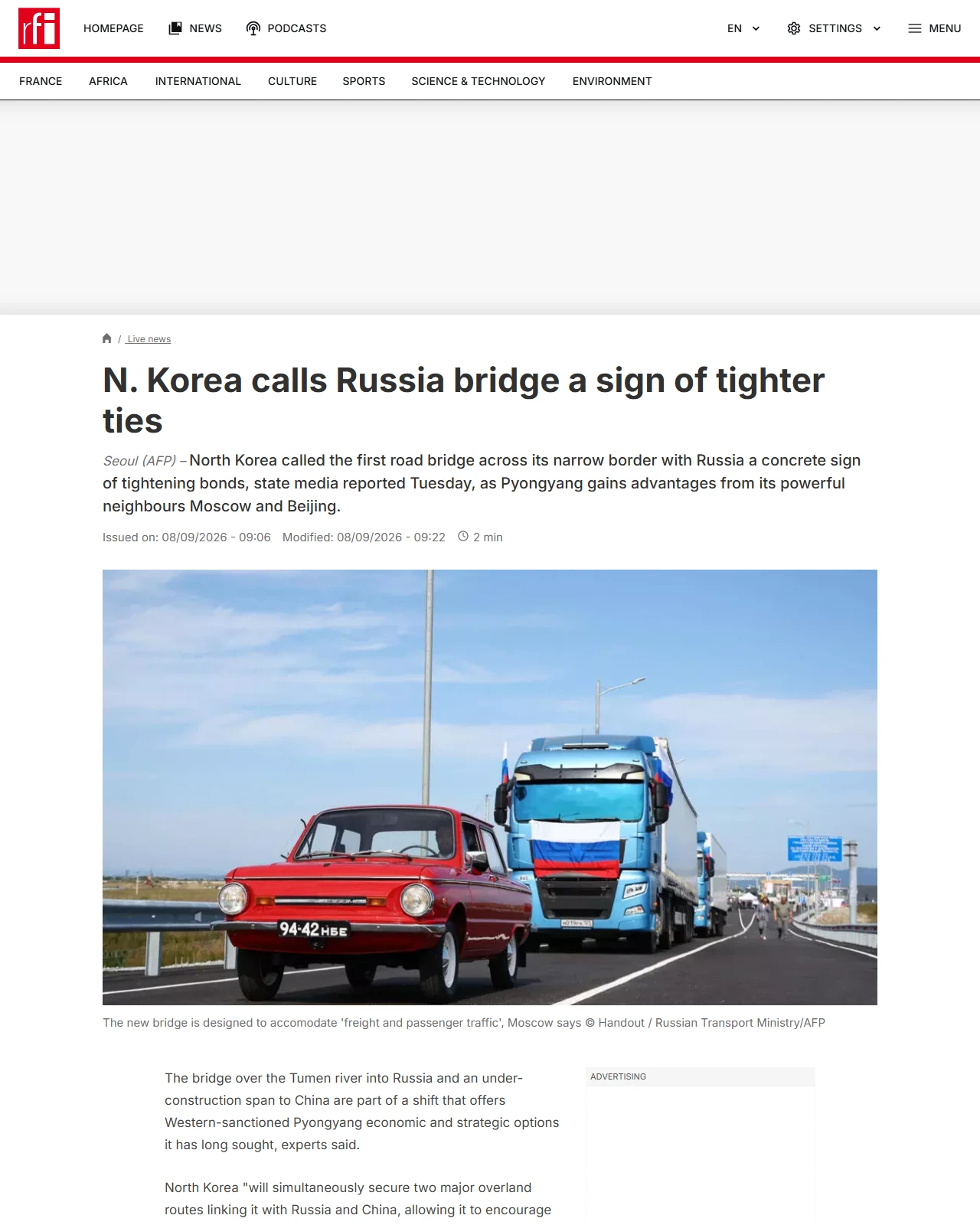 rfi.fr as published: N. Korea calls Russia bridge a sign of tighter ties