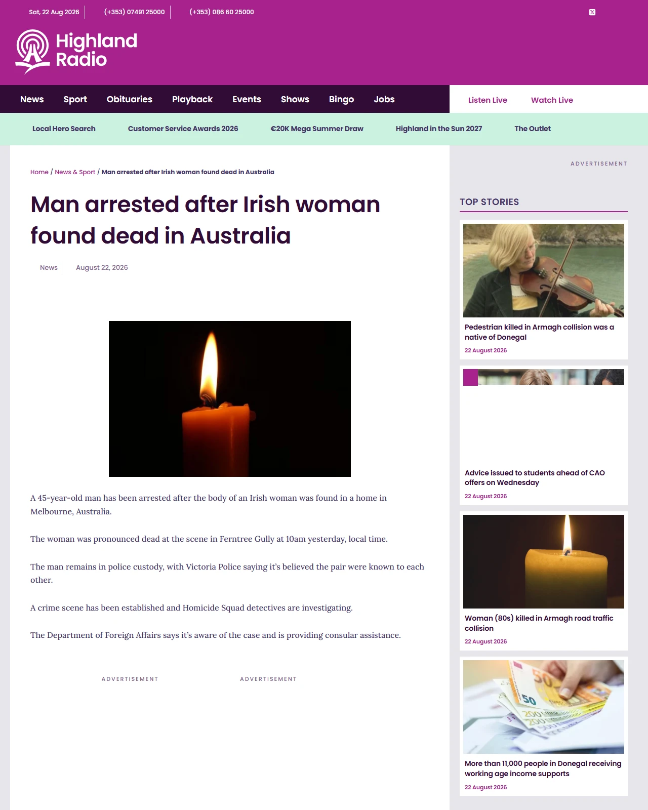 highlandradio.com as published: Man arrested after Irish woman found dead in Australia