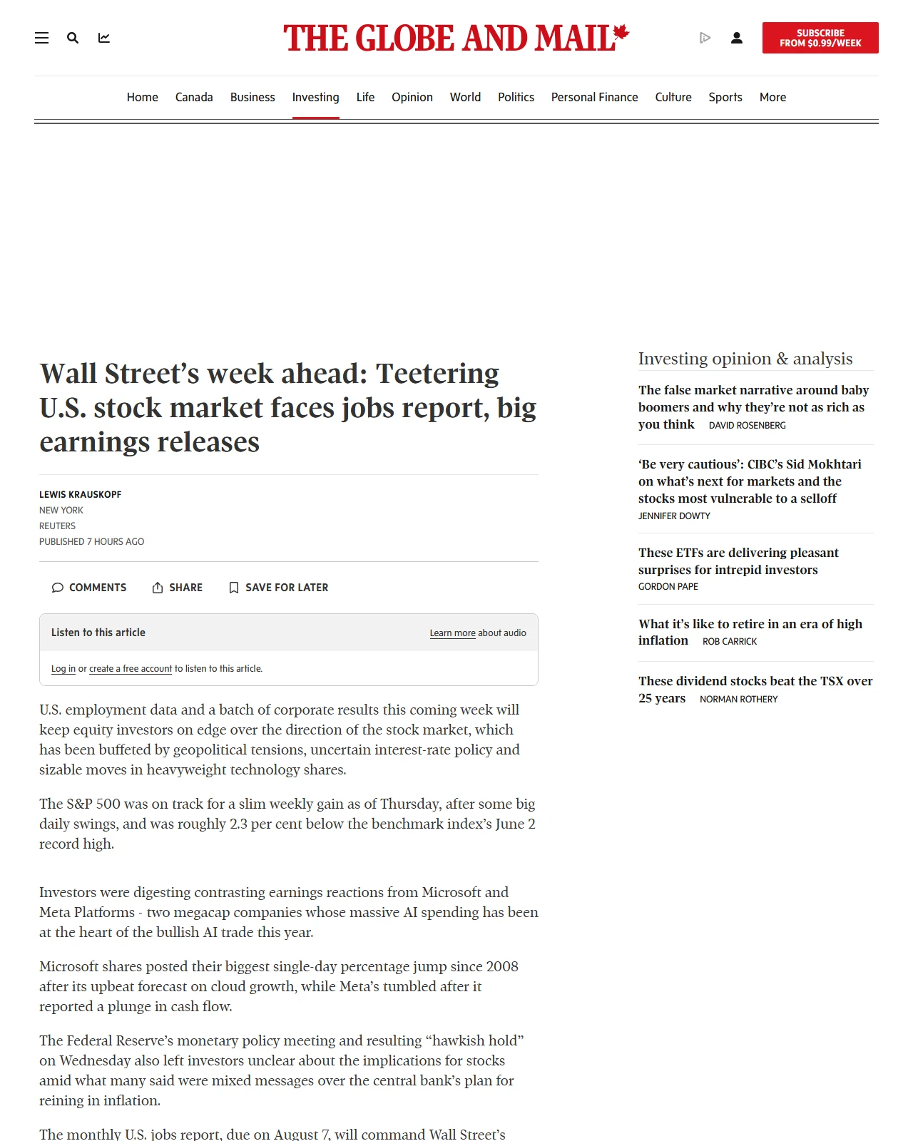 theglobeandmail.com as published: Wall Street’s week ahead: Teetering U.S. stock market faces jobs report, big earnings releases